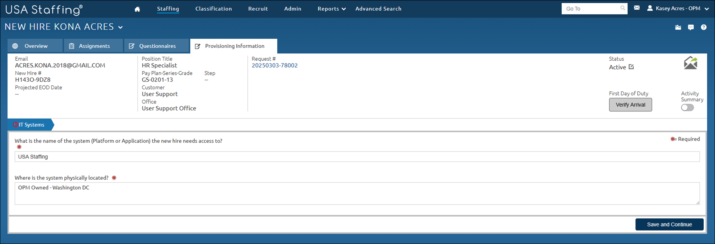 Provisioning Information Questionnaire page