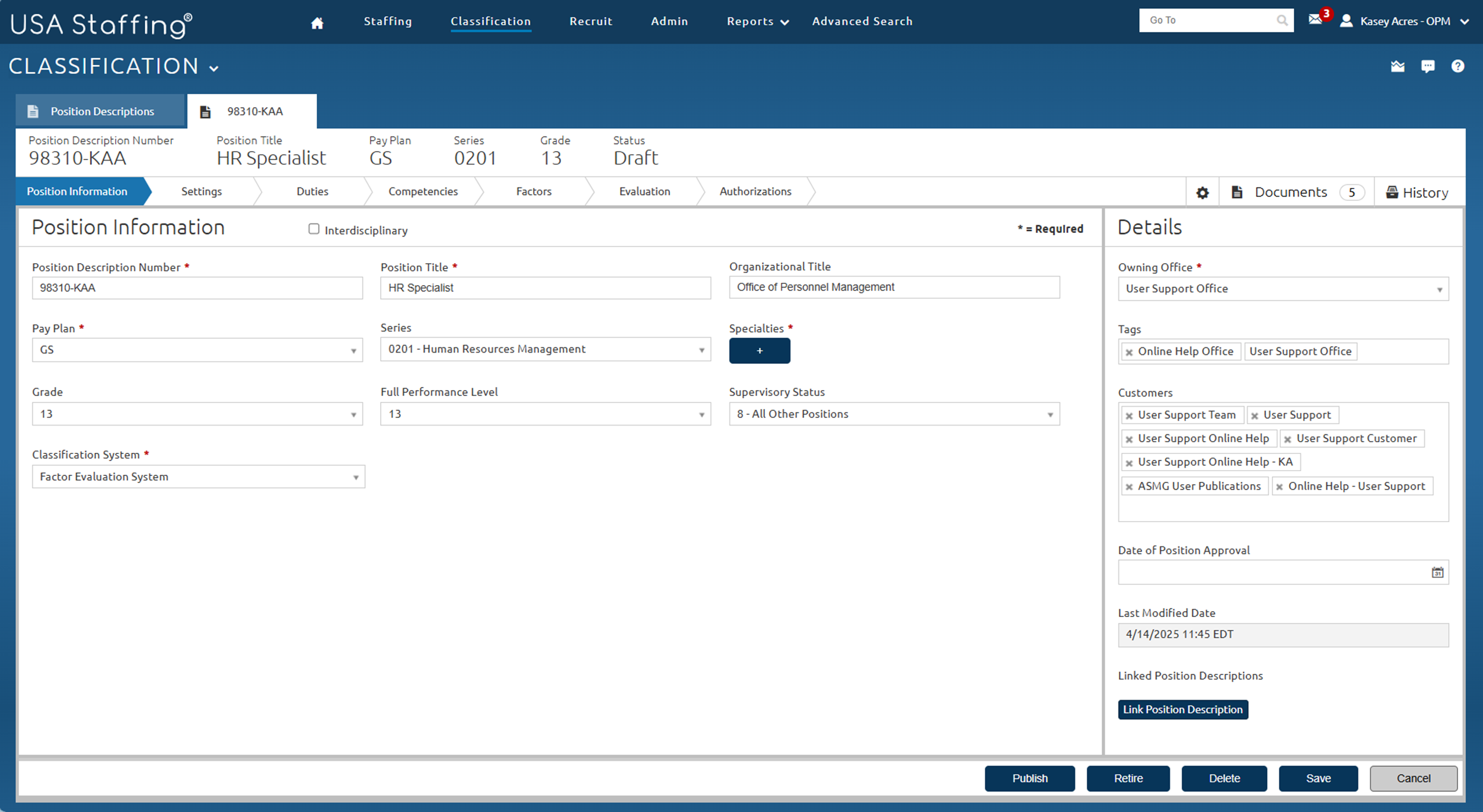 Position Informatin page showing the Delete button