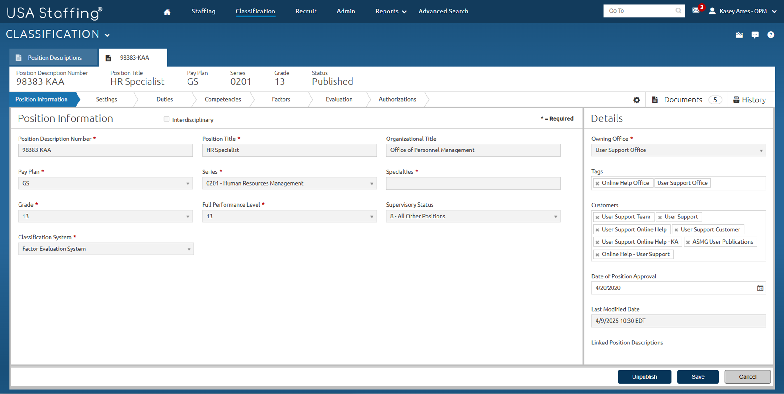 Position Descirption in a published status on the Position Information page with the Unpublish button showing