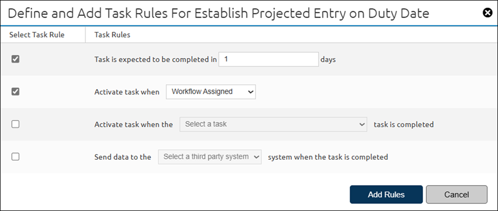 Onboarding Workflow Activities Task Rules pop-up