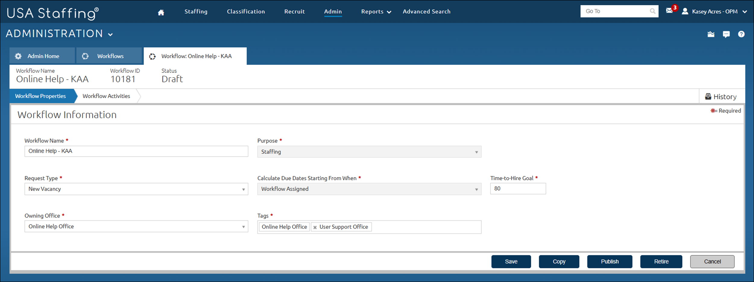 Workflow Properties page showing the Copy button.