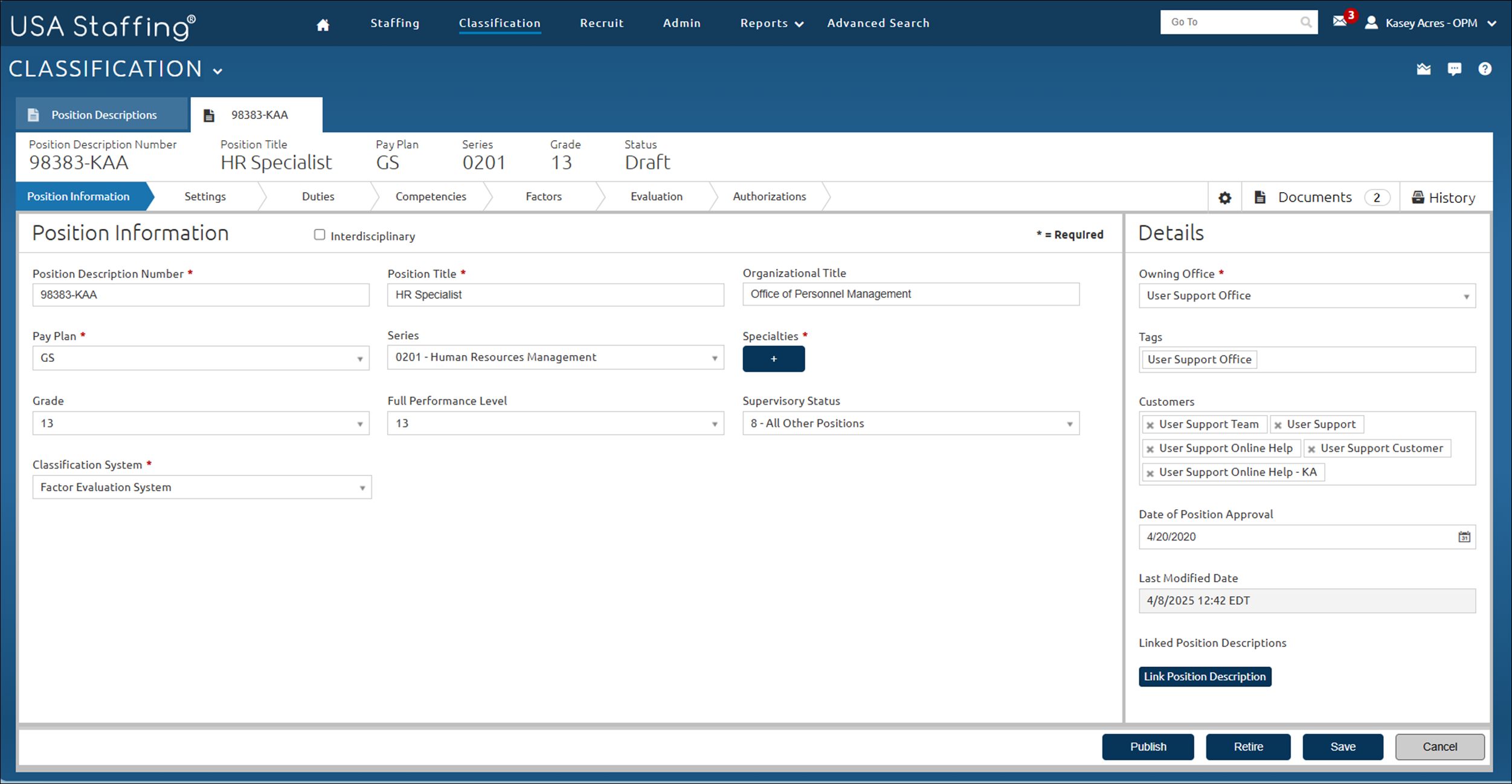 Position Information page showing with sample information.