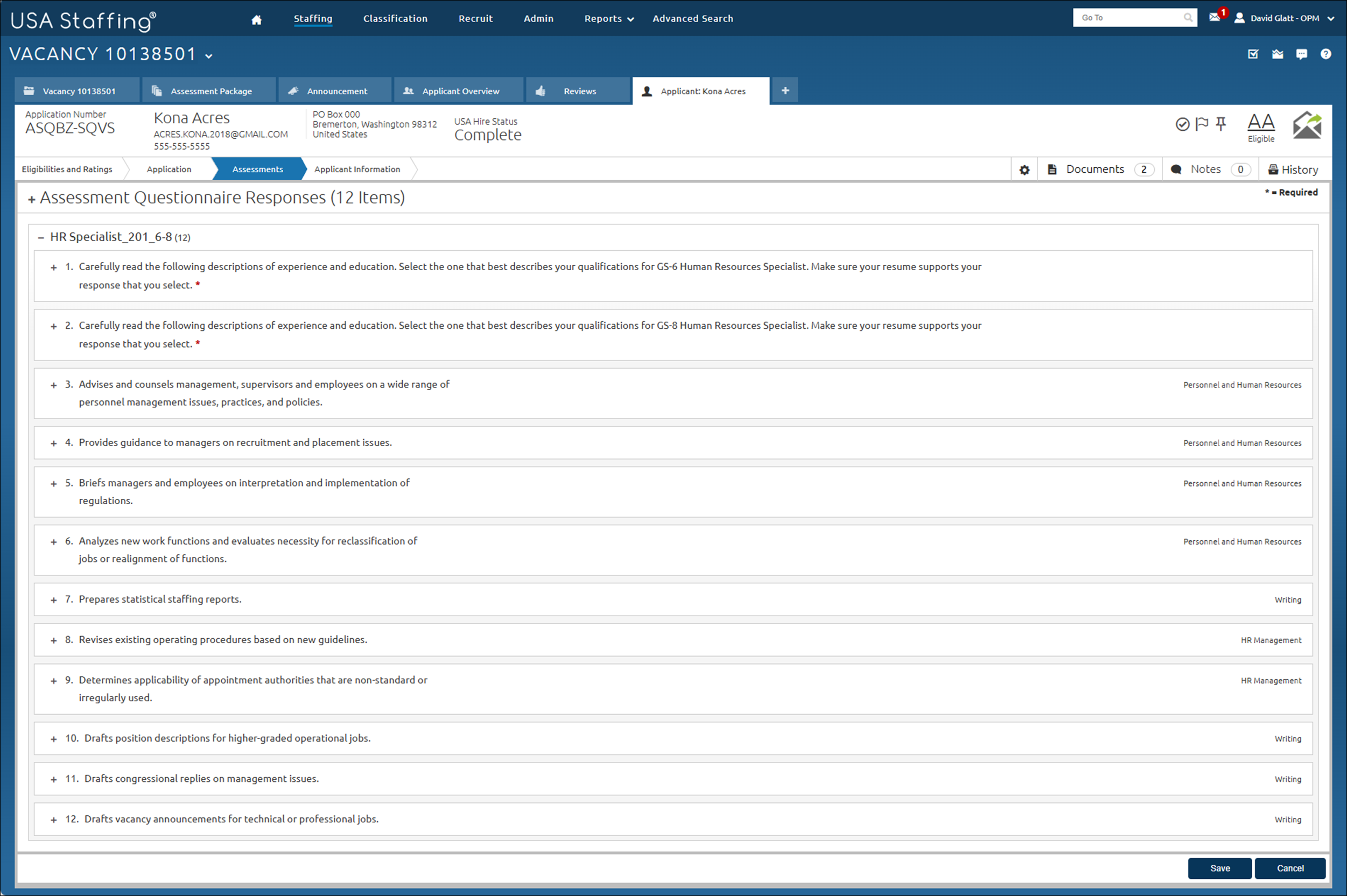 Applicant Assessment screen