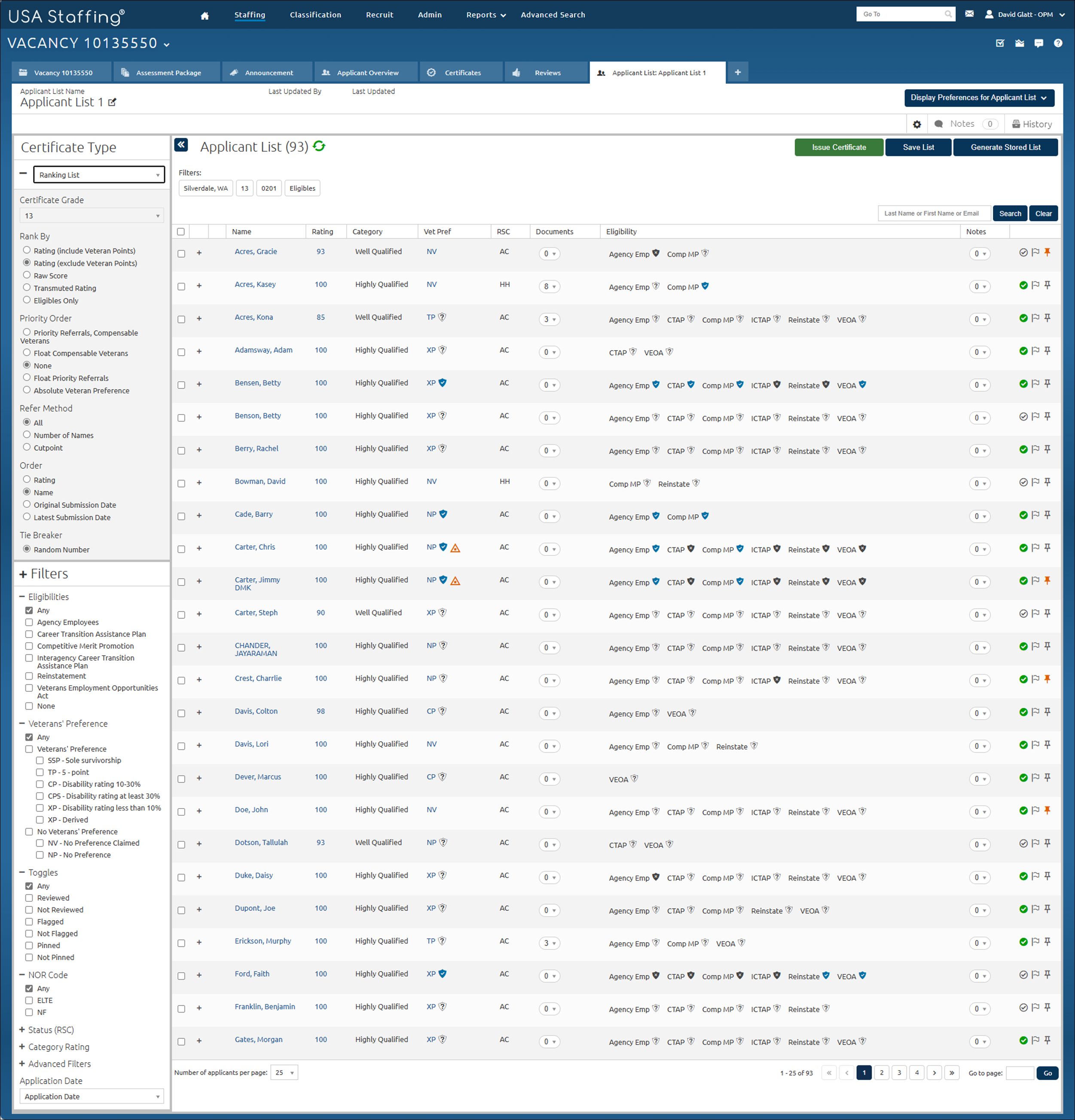 Core - Create stored list applicant list screen