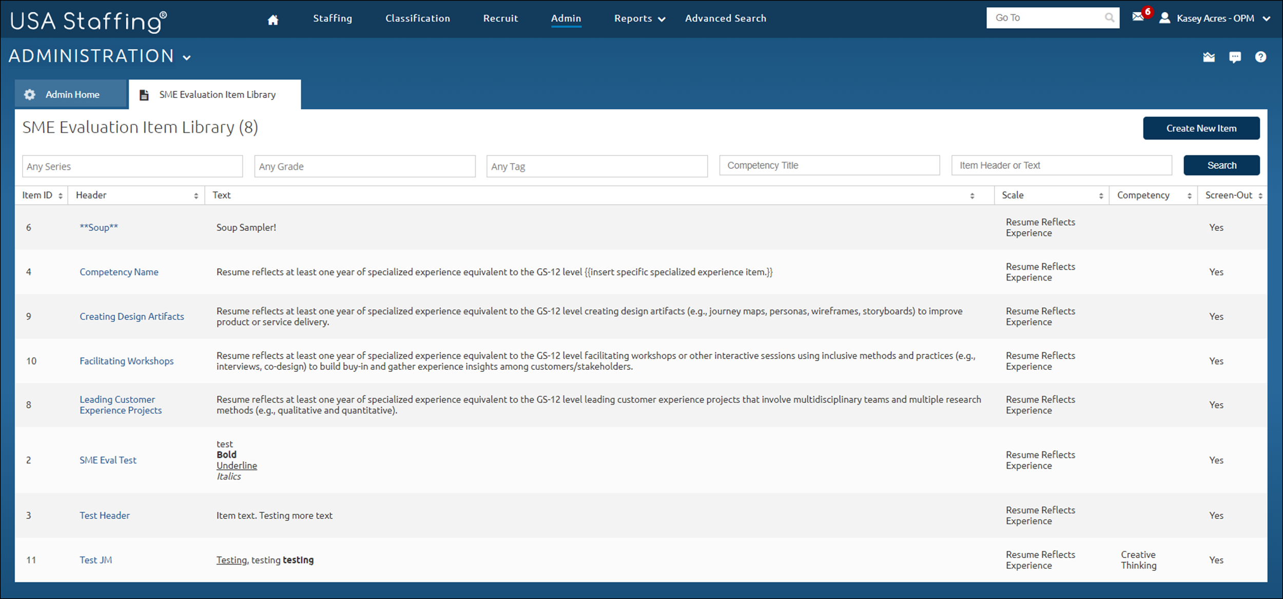 SME Evaluation Item Library page