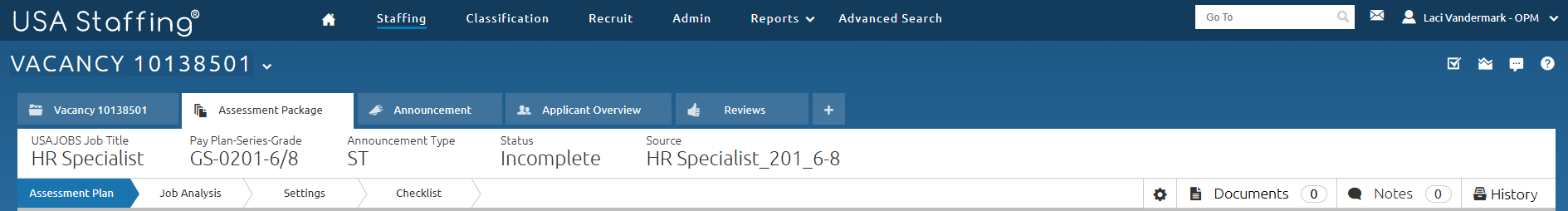 Assessment Package Tab Overview Page