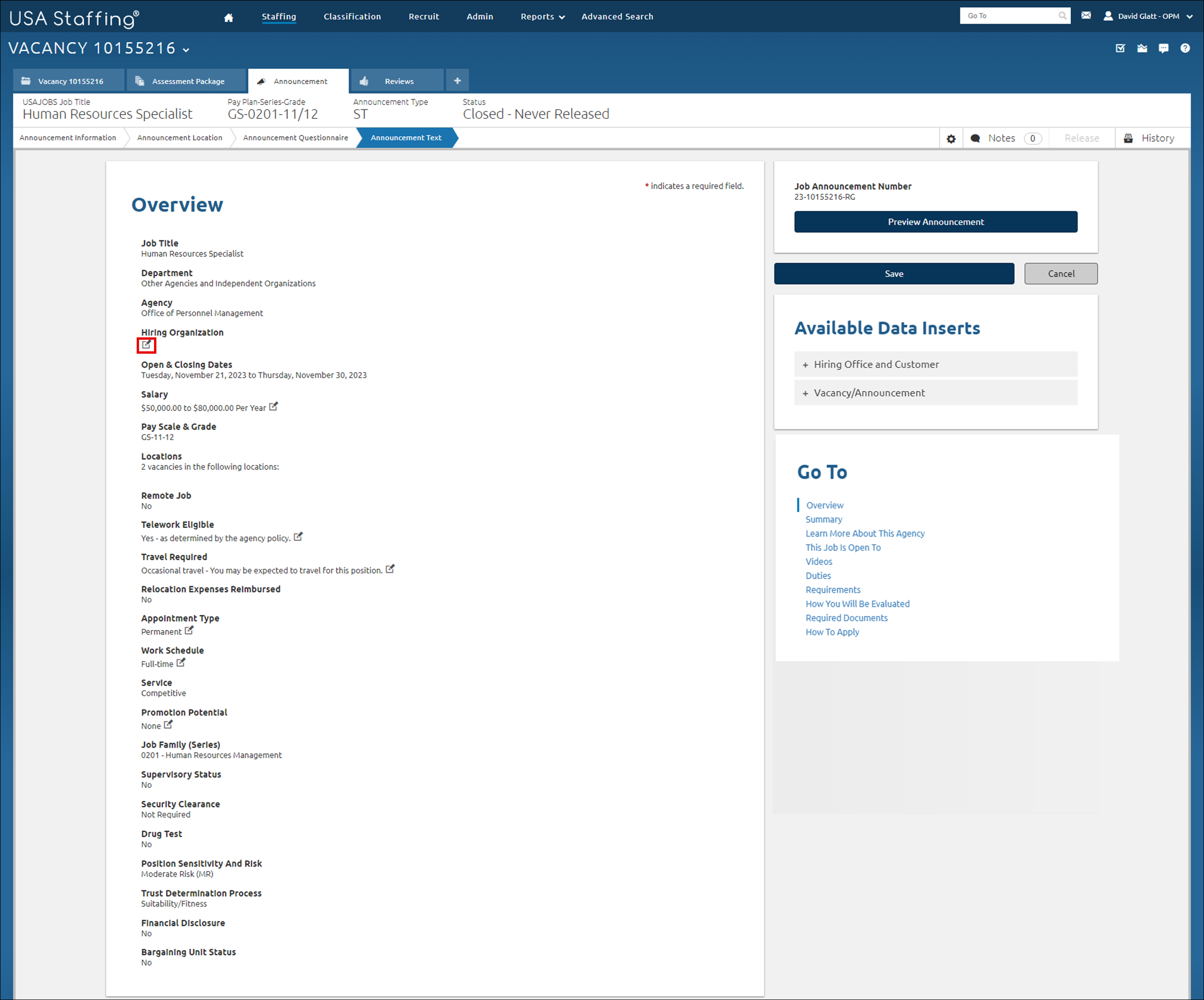 Announcement - Add hiring organization to announcement