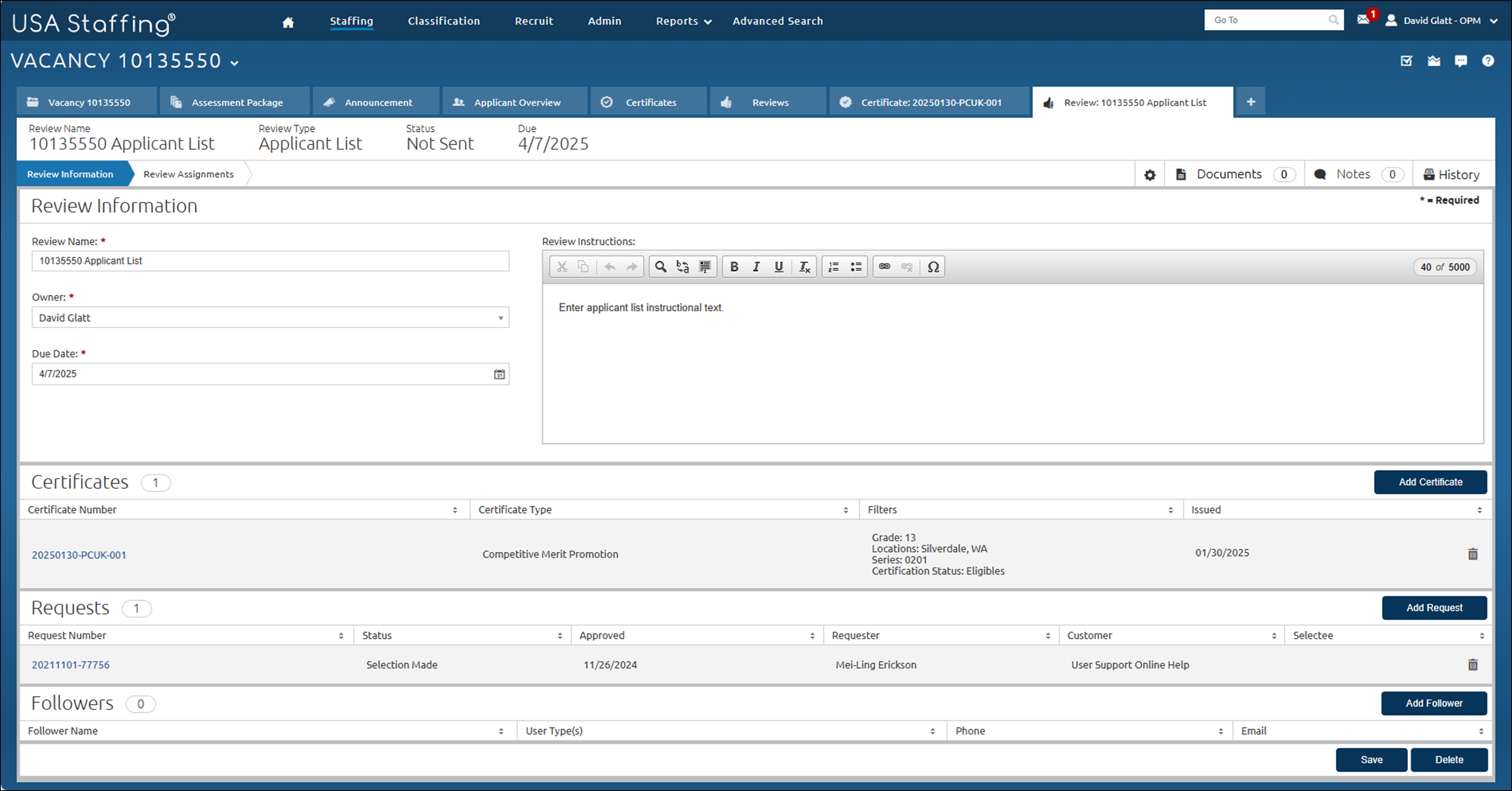 Creating review from a certificate - review information