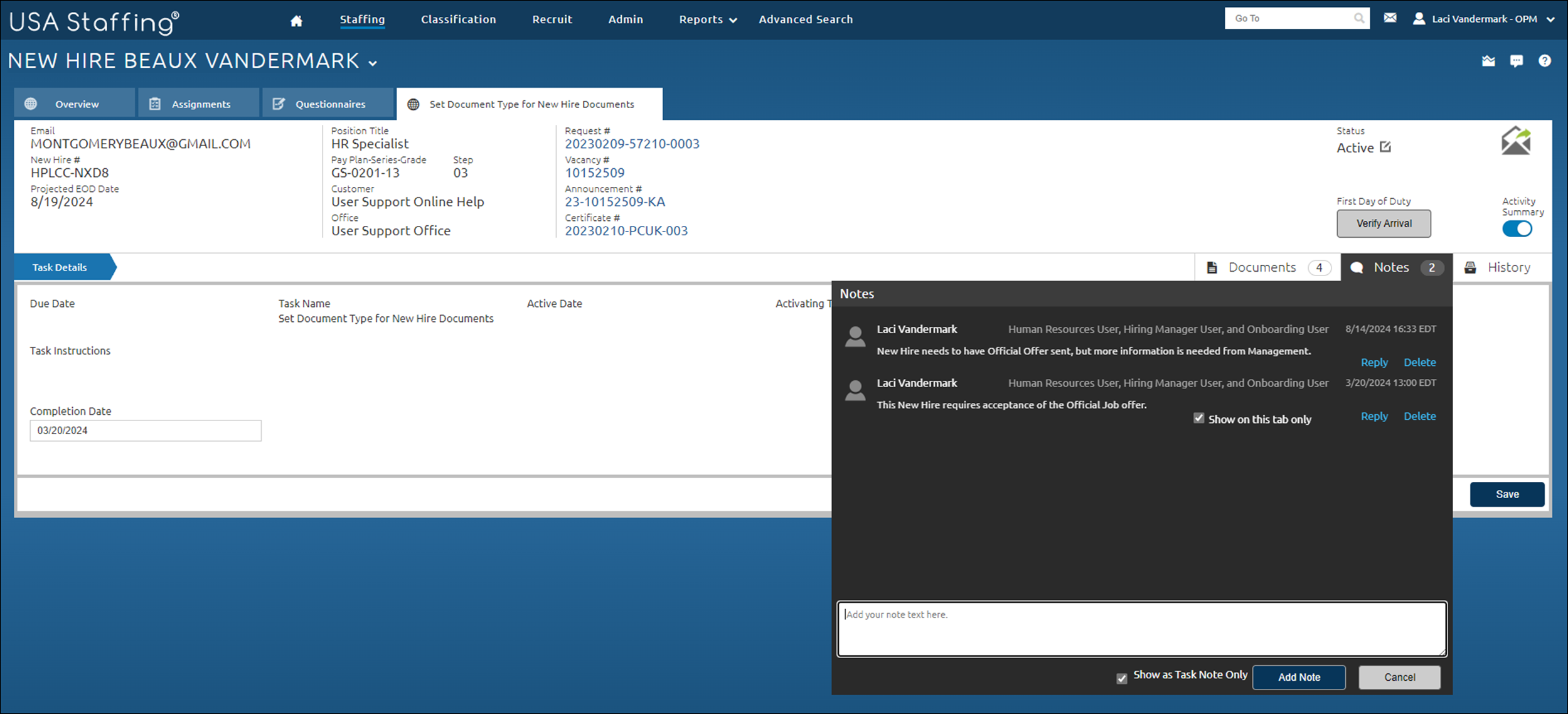 Add New Hire Task note