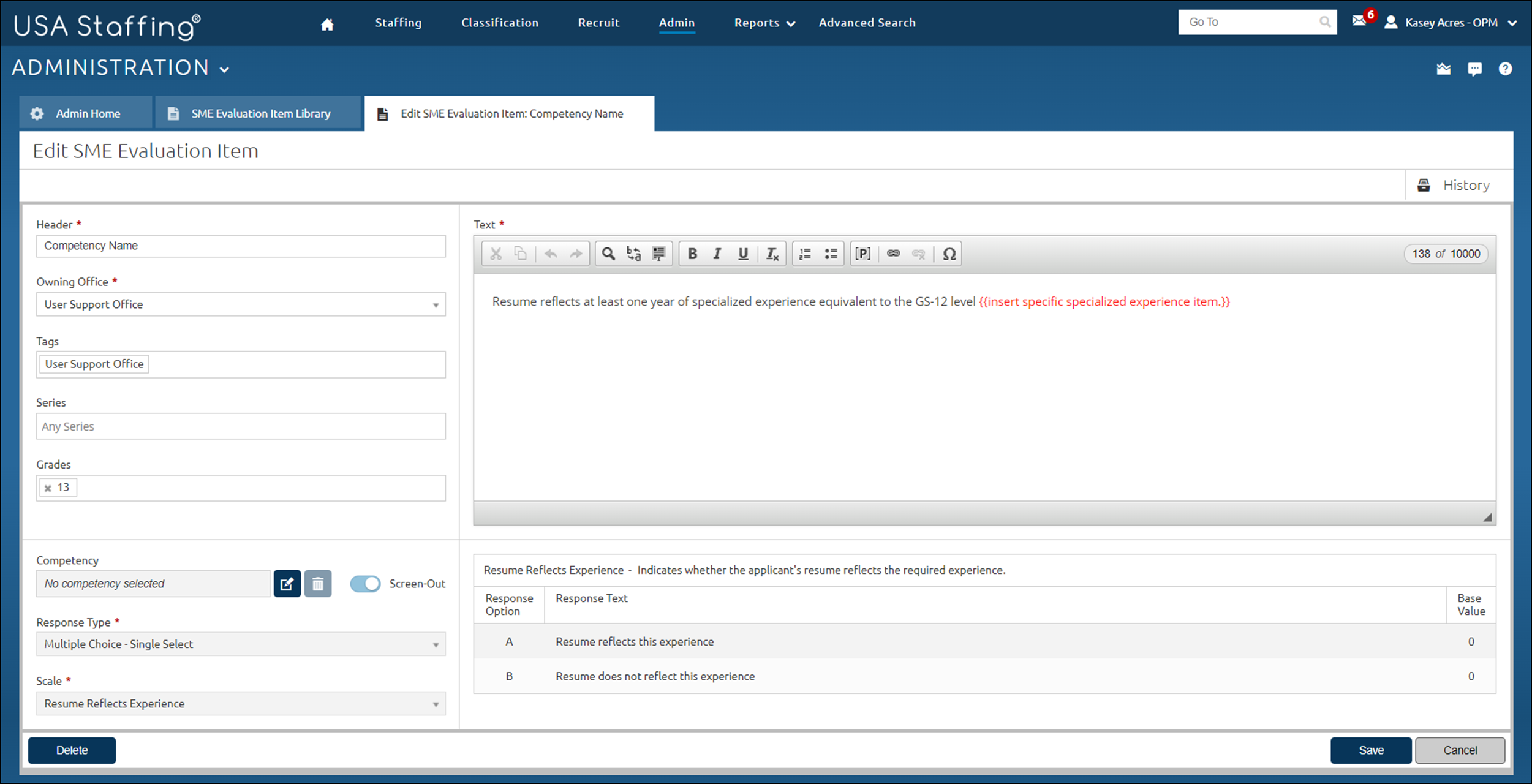 Edit SME Evaluation Item page showing sample information.