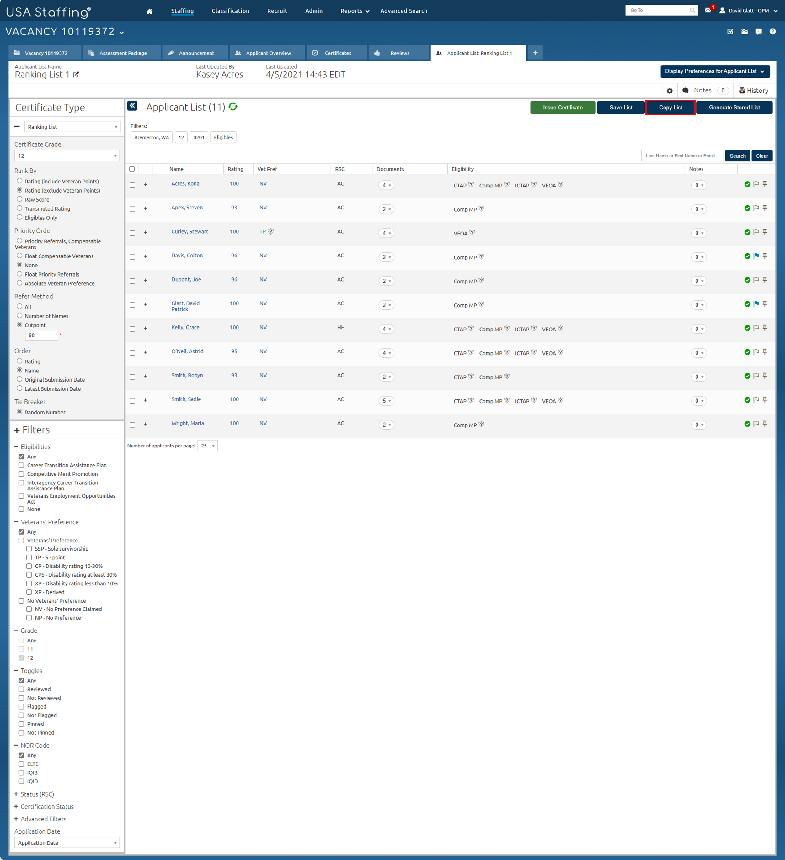 Copying a stored list using copy list button