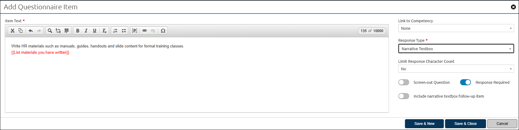 Add Placeholder text to Questionnaire Item
