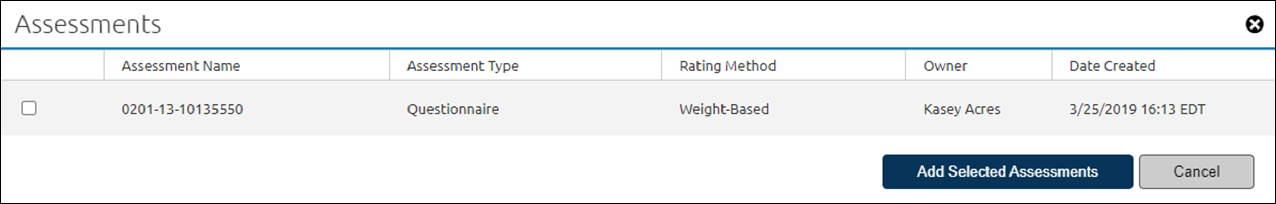 Reviews - Select Assessment to add to a Review