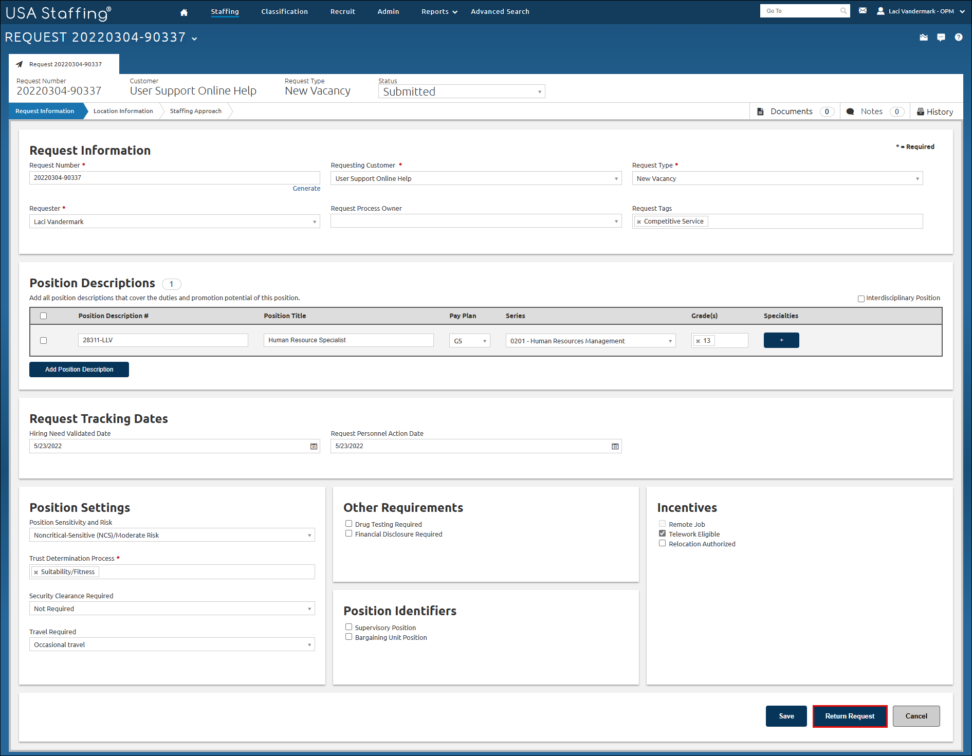 Return Submitted Request button highlighted