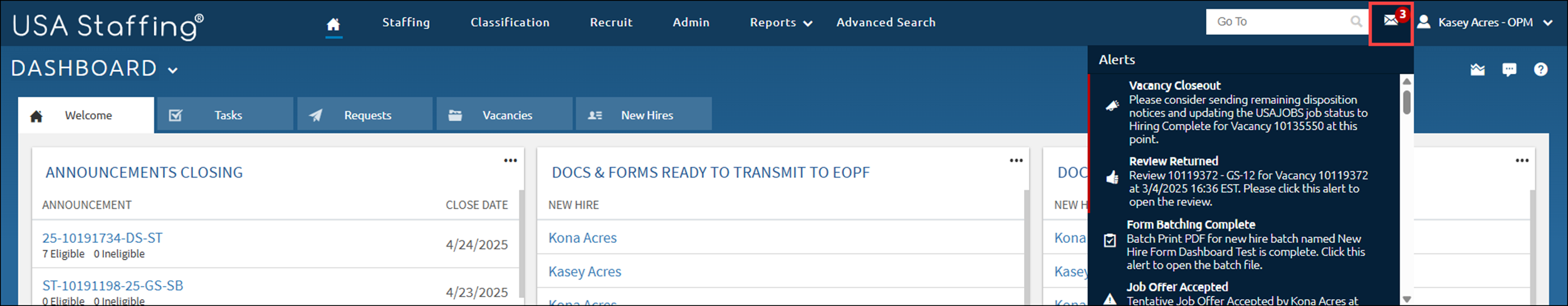USA Staffing Navigation bar with Alert icon highlighted