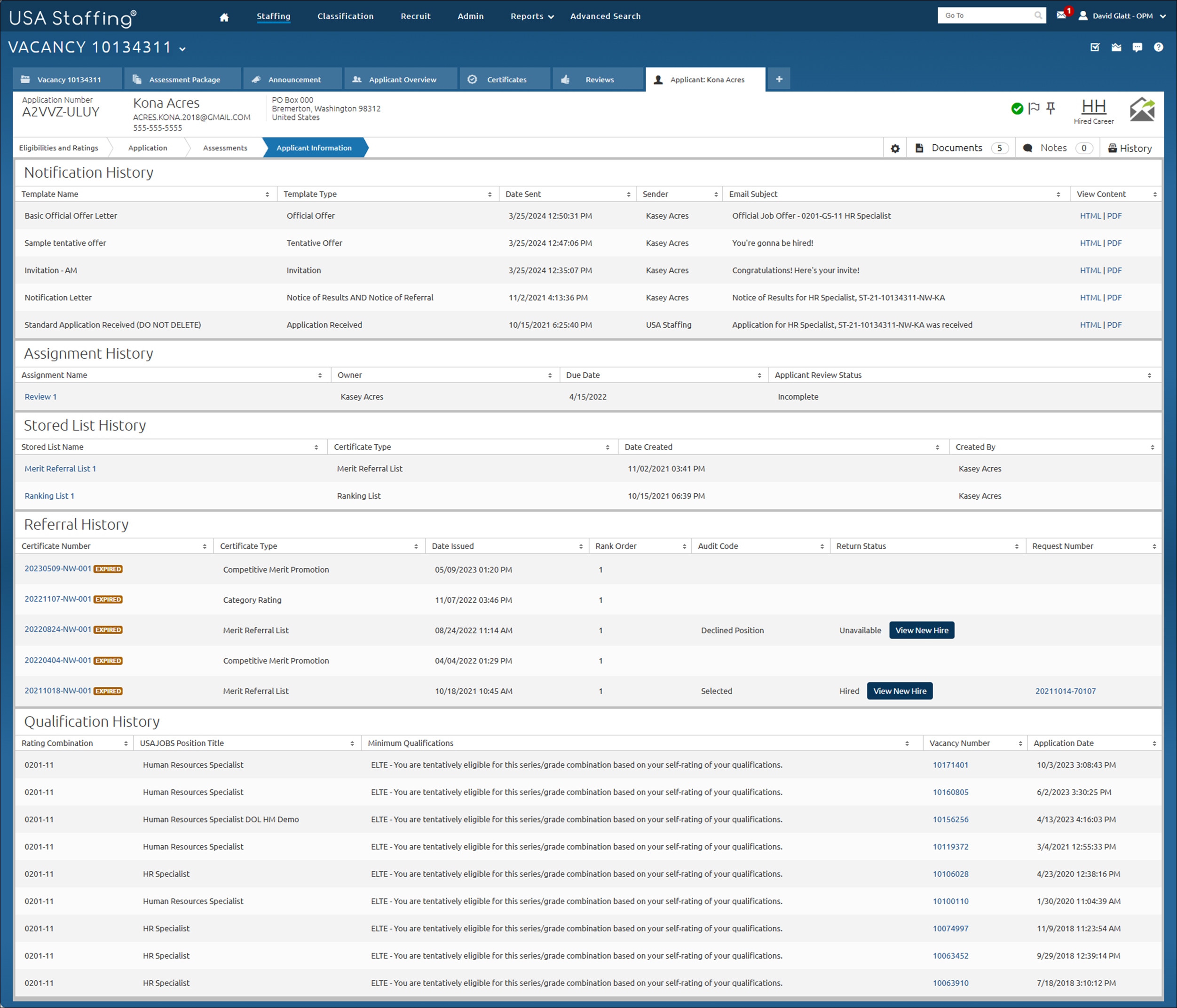 Viewing notification history for an applicant