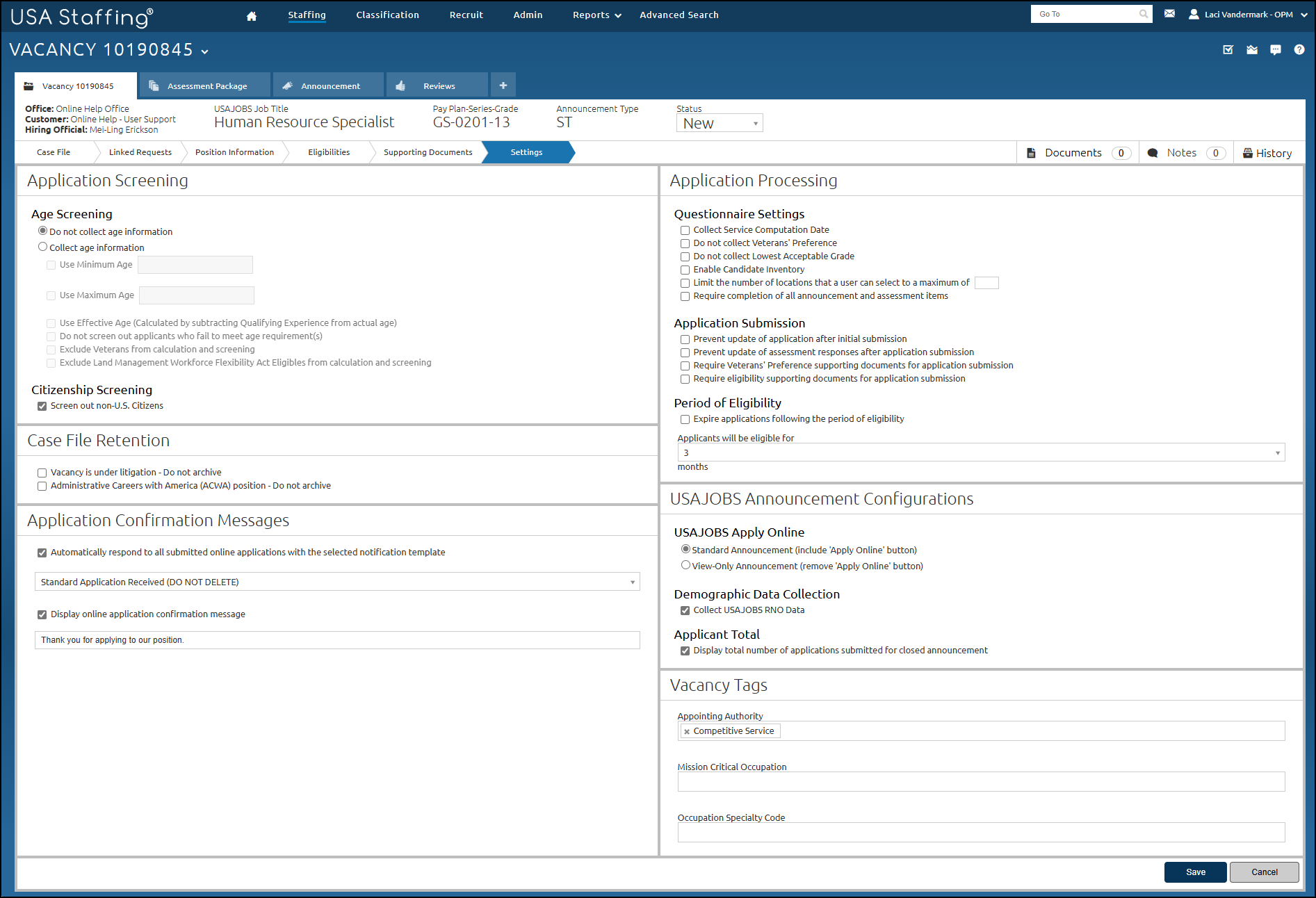 Vacancy Settings Page