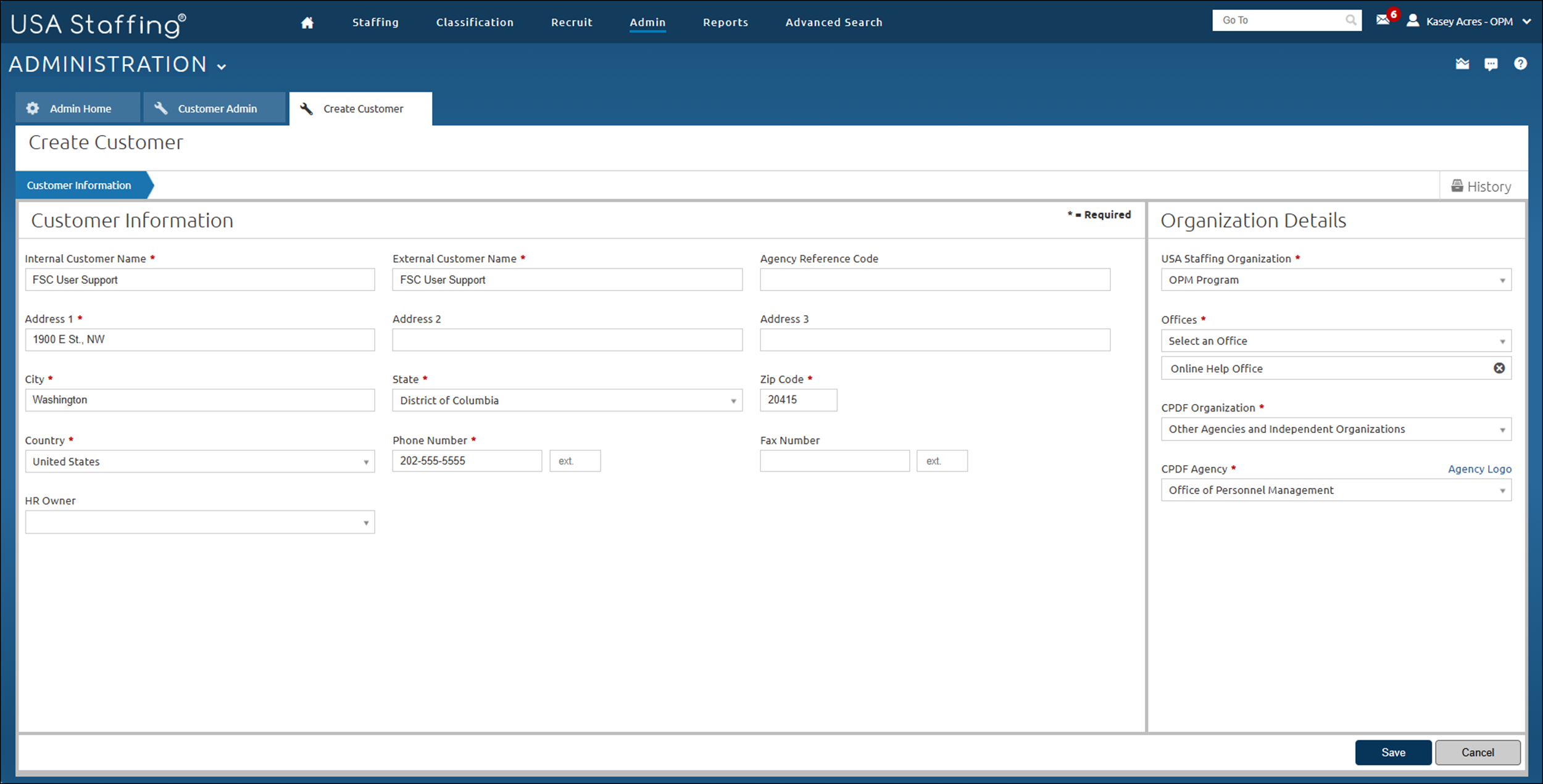 Create Customer page