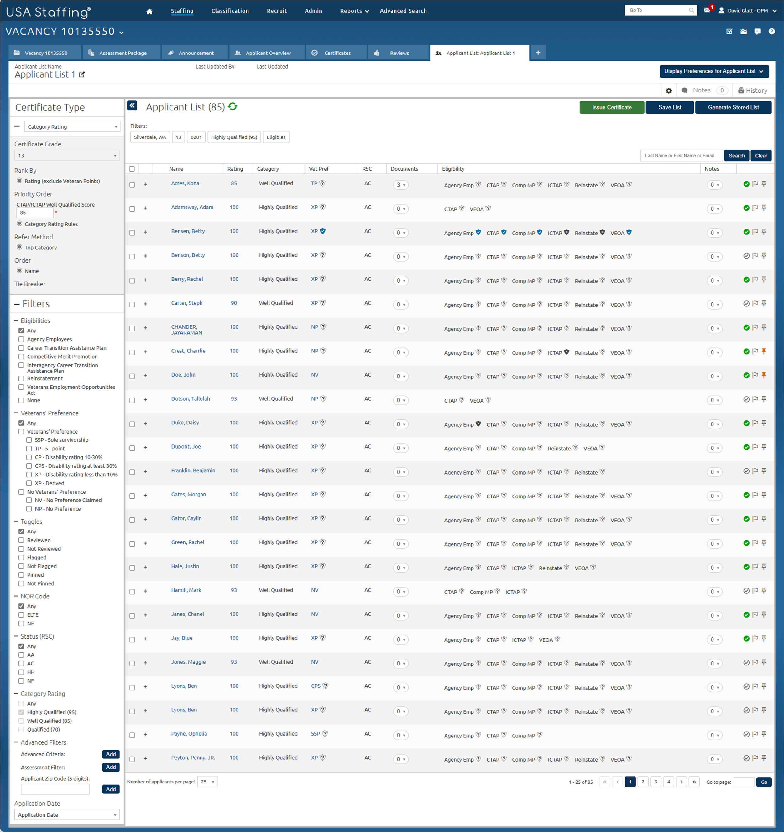 Creating a category rating certificate certificate screen