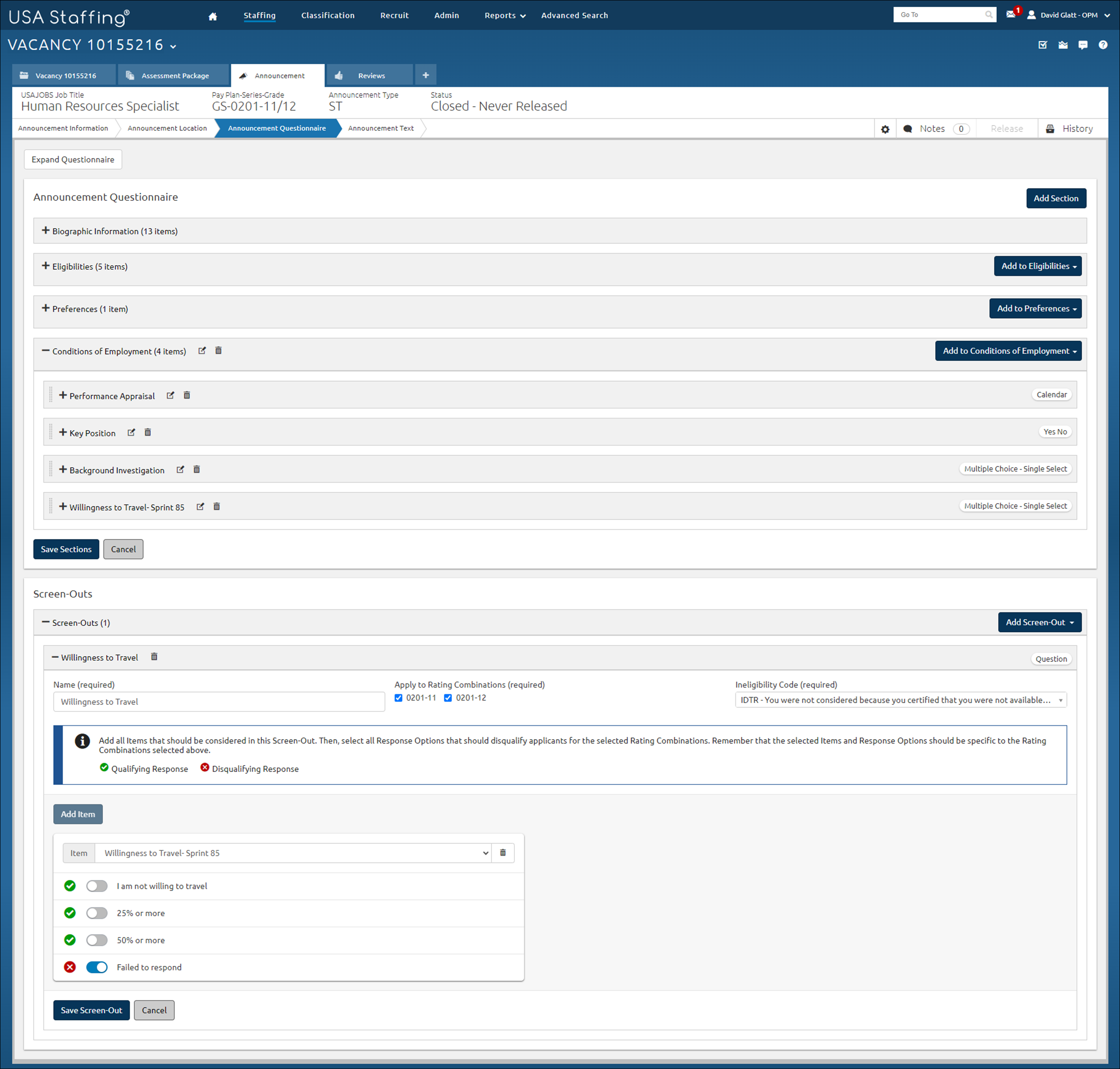 Announcement - Add announcement questionnaire screen-outs