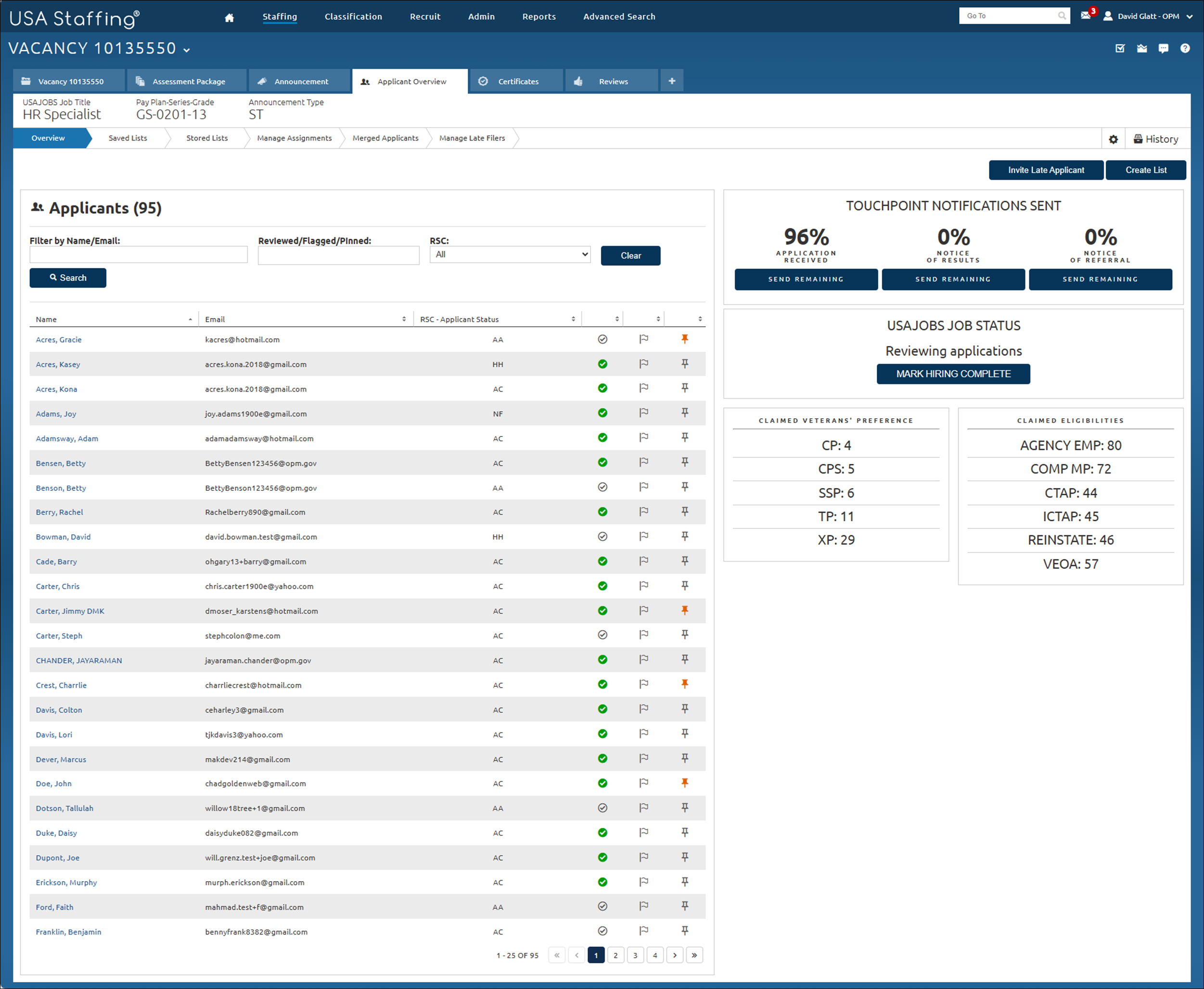Applicant Overview screen