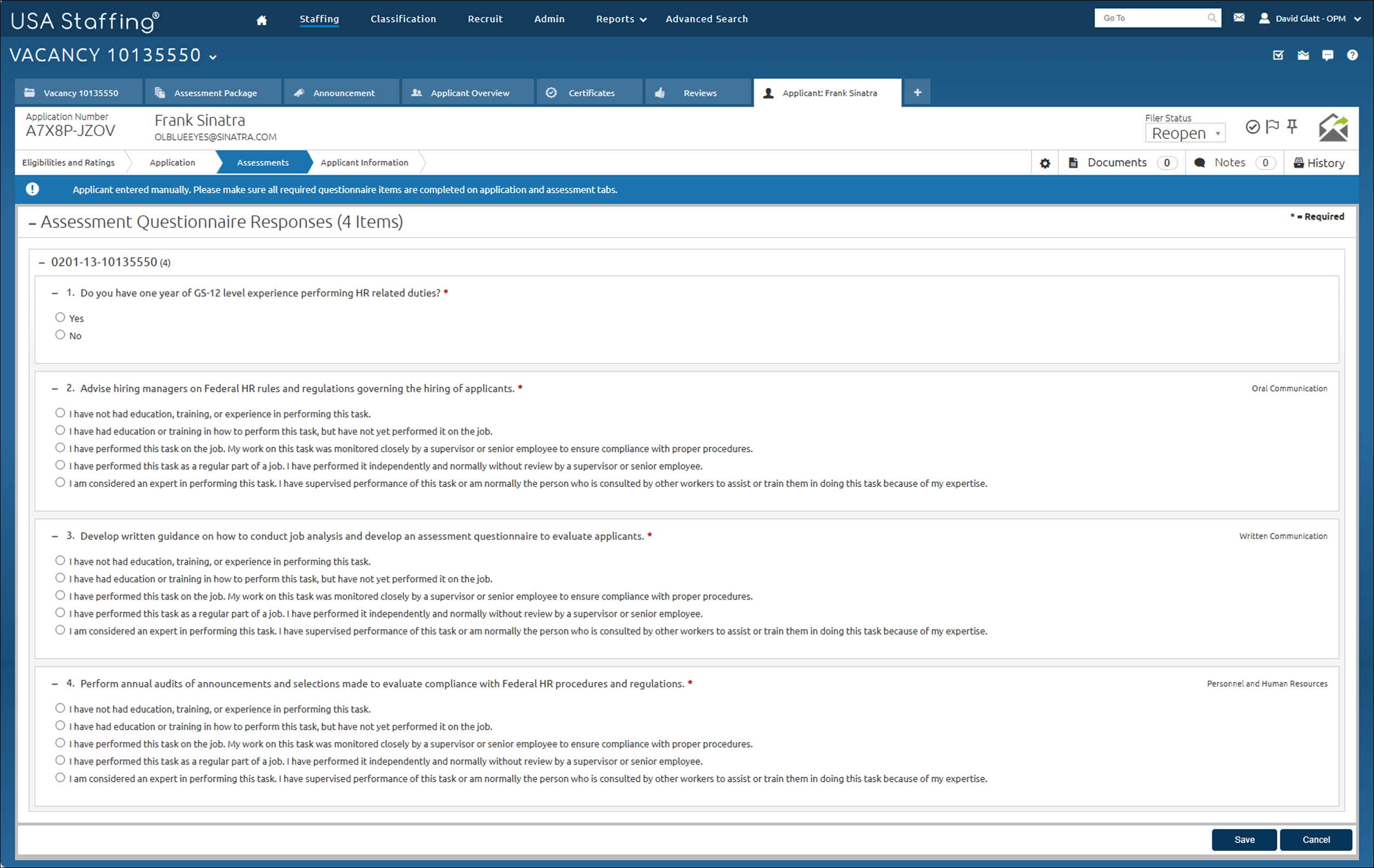 Add applicant assessments subtab