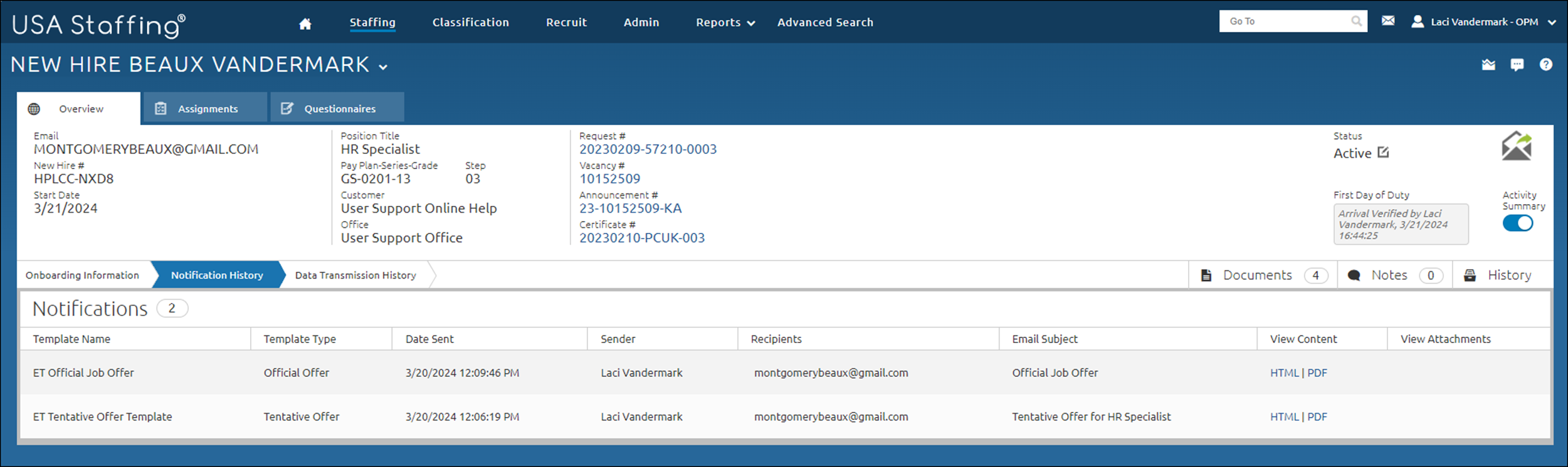 New Hire Notification History