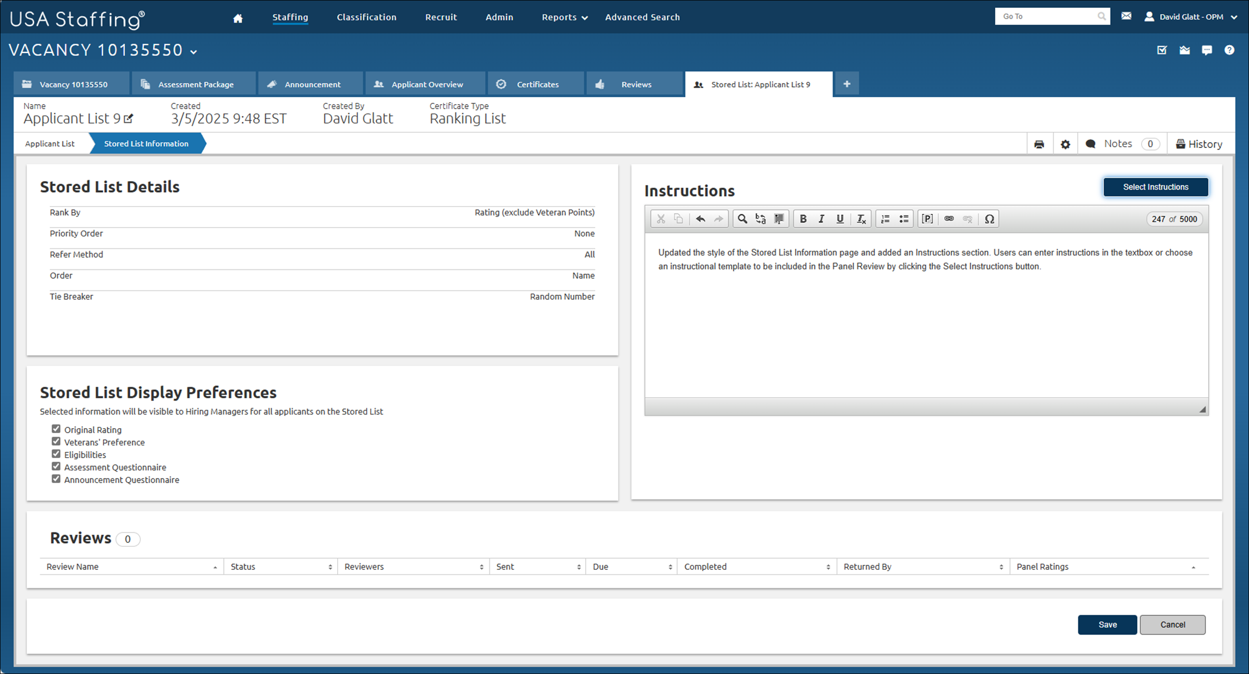 Core - Creating a stored list - stored list info screen