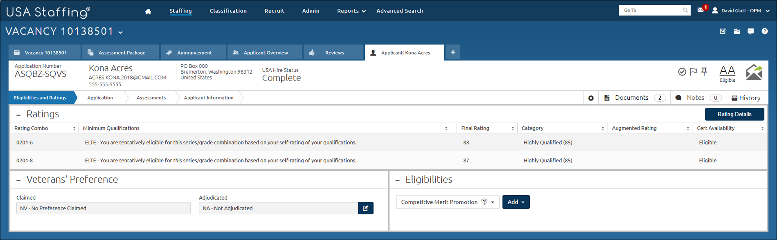 Eligibilities and Ratings page