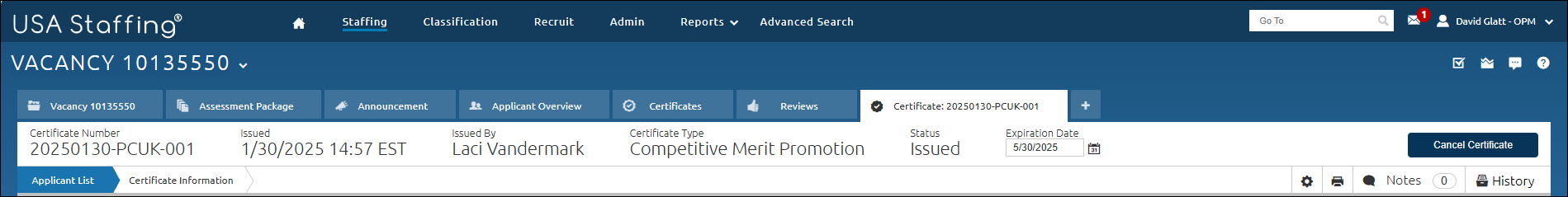 Certificate overview page