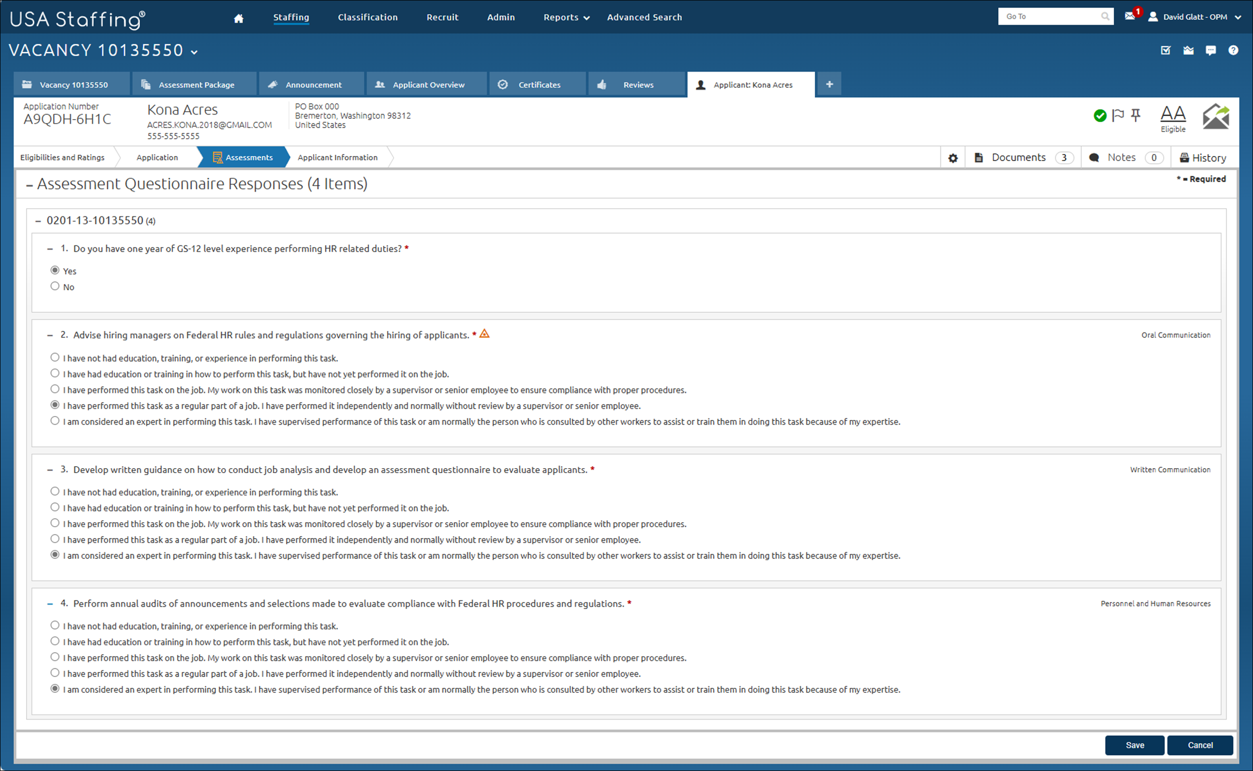 Viewing applicant assessment questionnaire responses