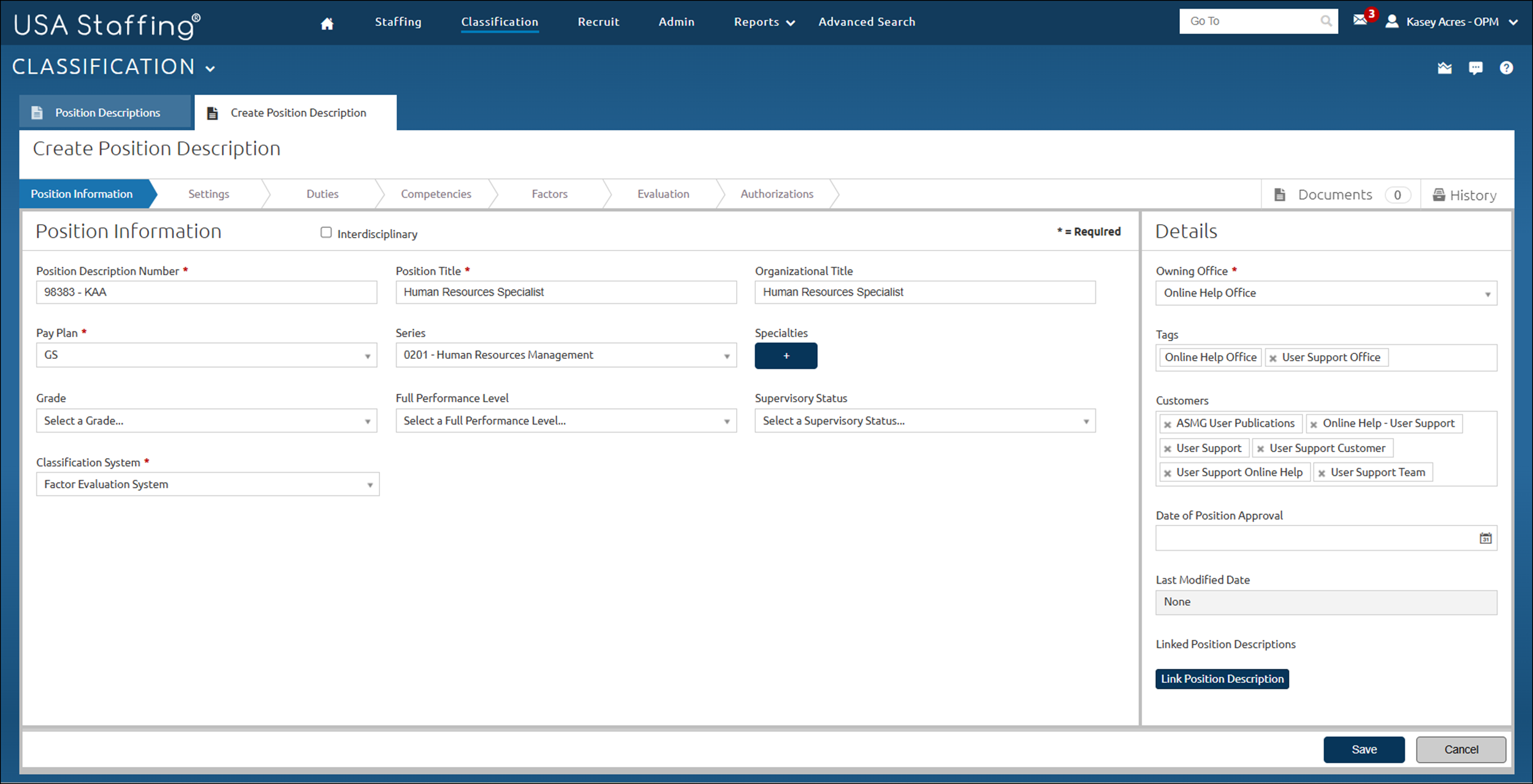 Create Position Description page