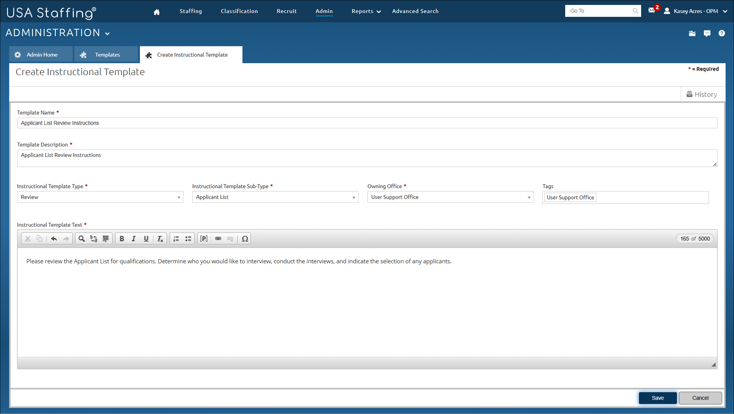 Create Instructional Template page