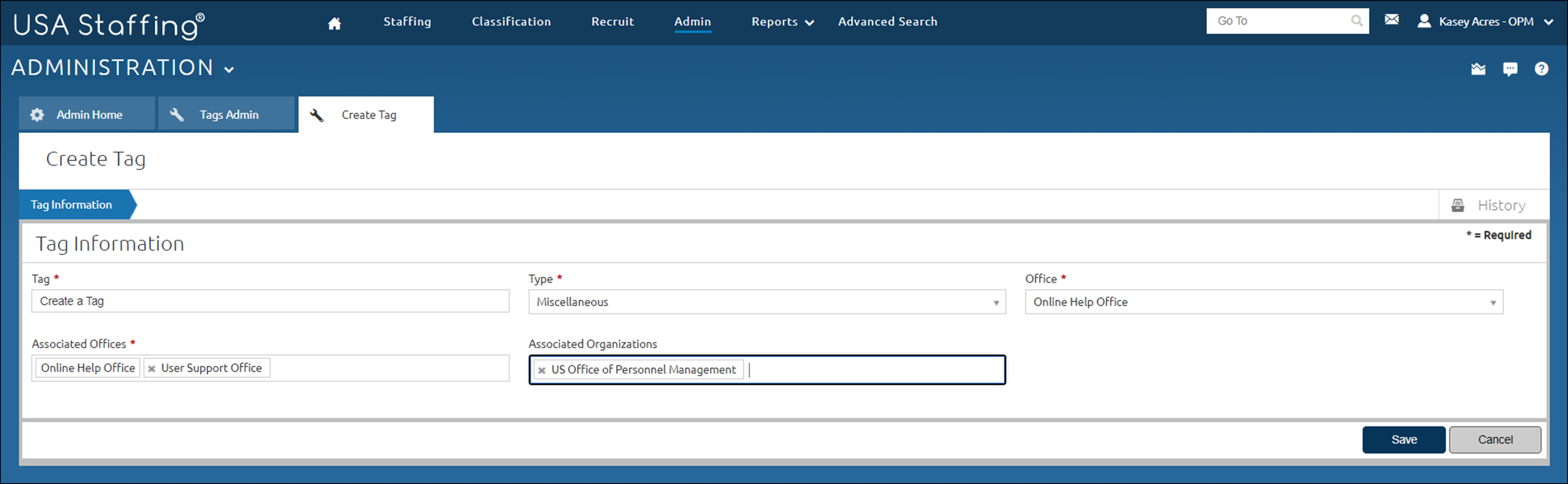 Create Tag page