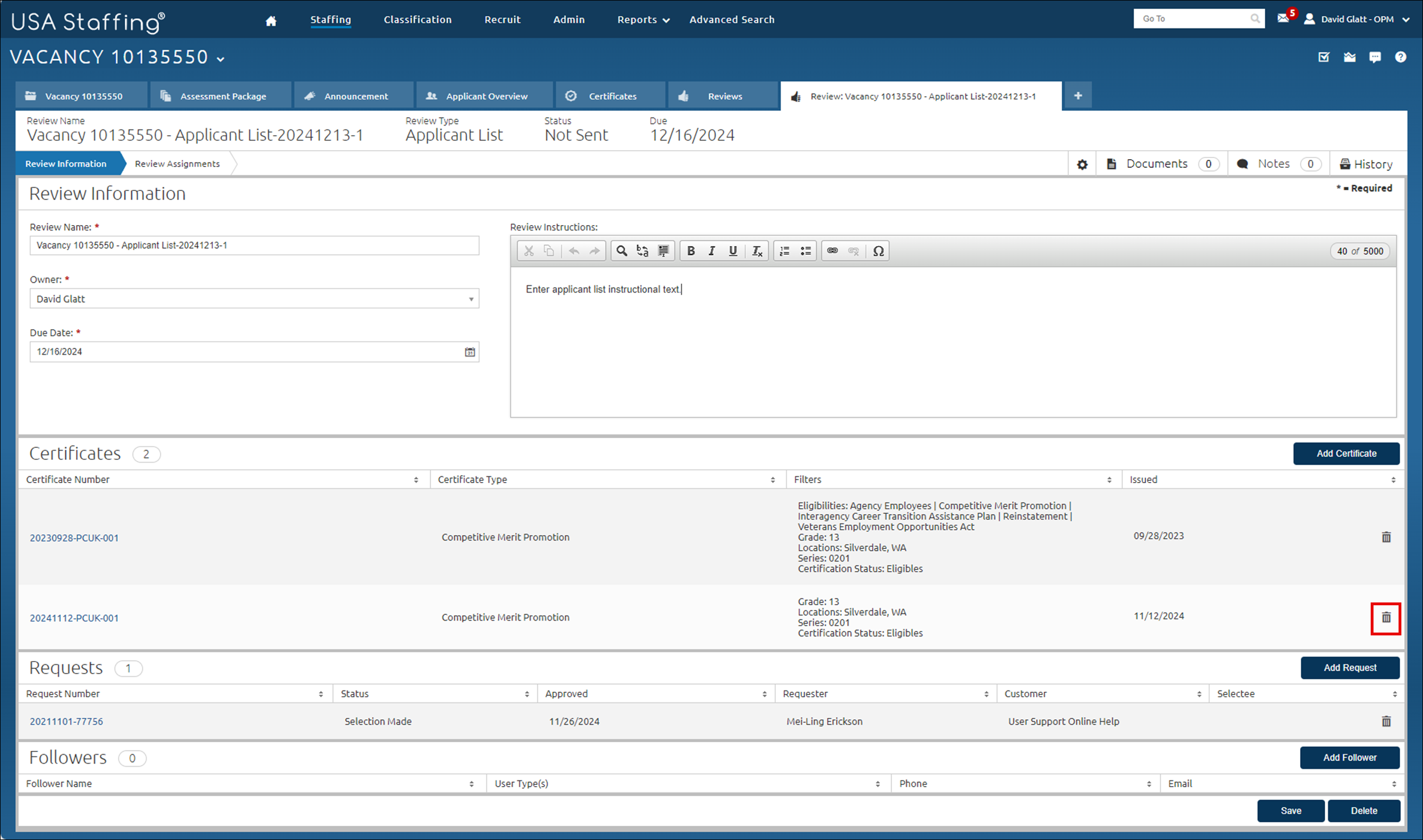 Core - Deleting an applicant list from a Review