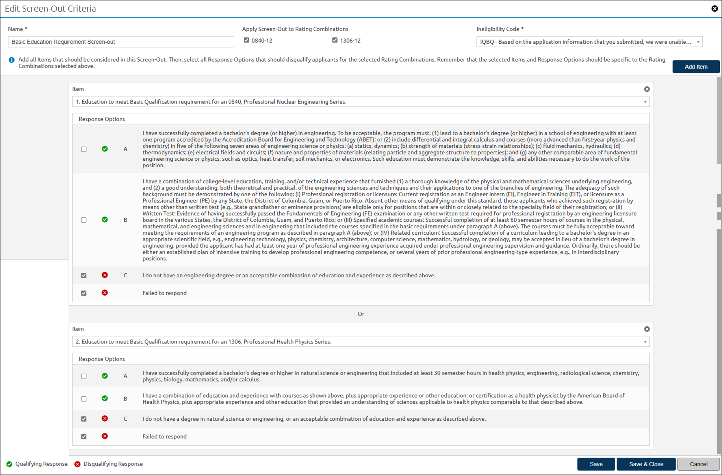 Example of Interdisciplinary Screen-out Criteria pop-up