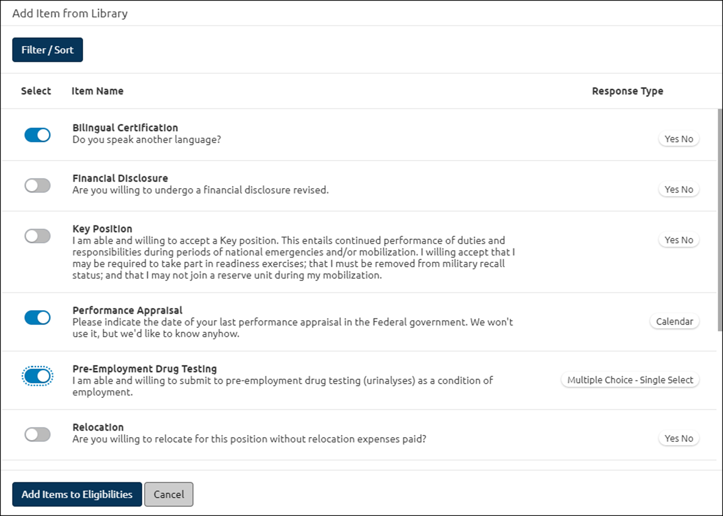 Announcement - Add multiple announcement quesetionnaire items from library