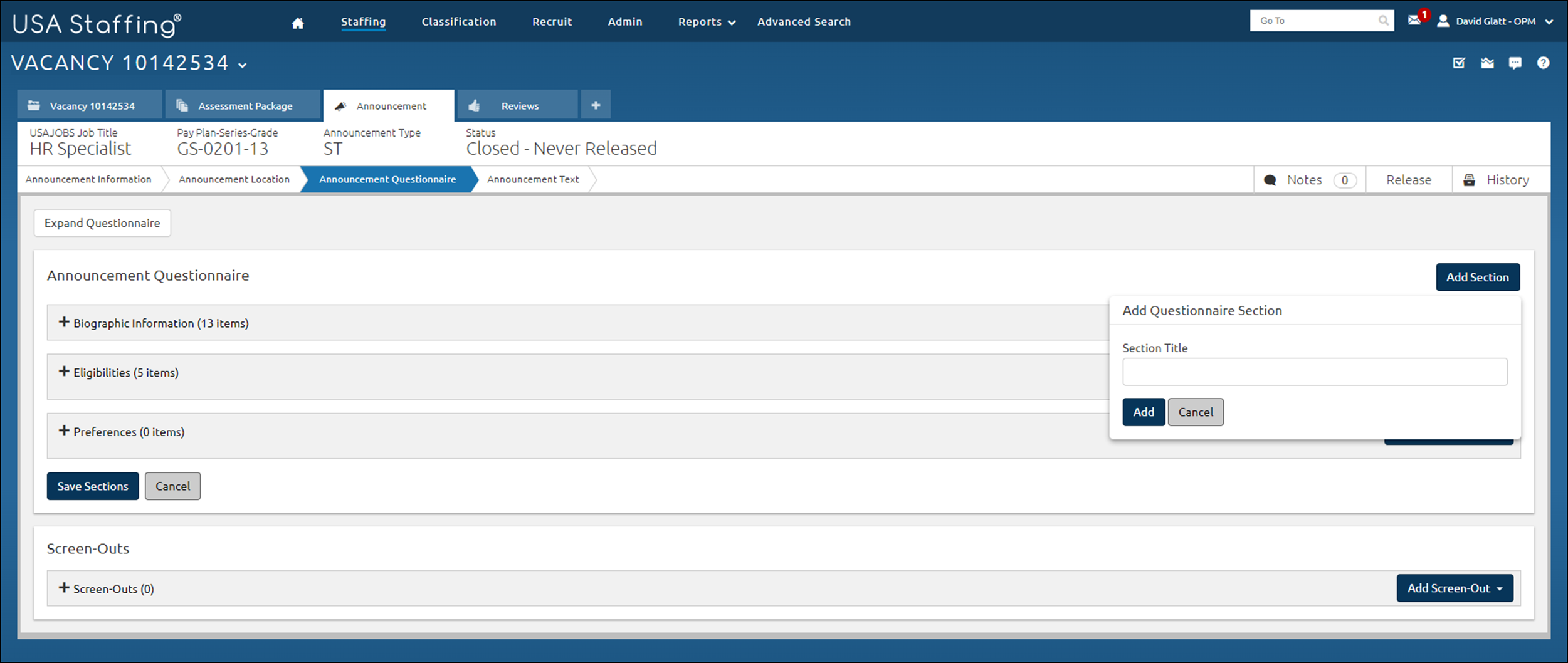 Announcement - Add announcement questionnaire section
