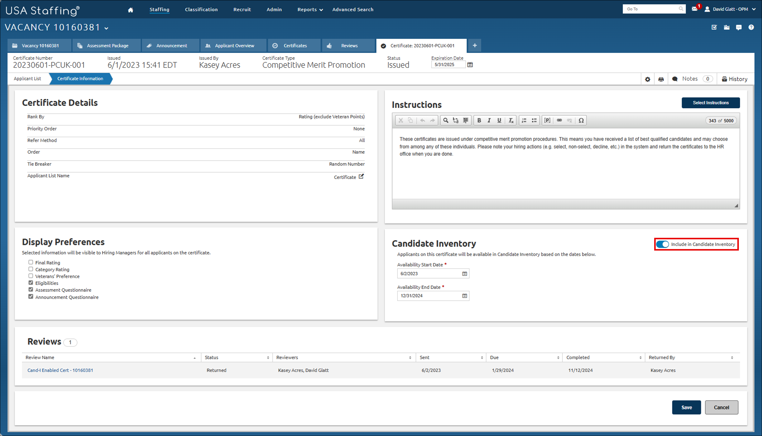 Certificate Information page with Include certificate in Candidate Inventory toggle highlighted