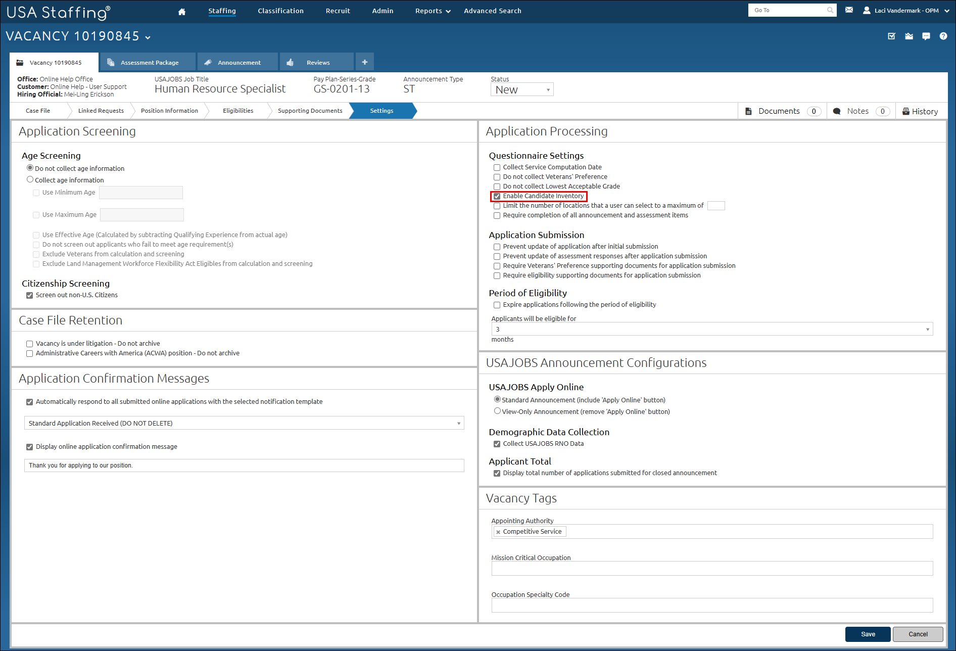 Vacancy settings page highlighting Enable Candidate Inventory check box