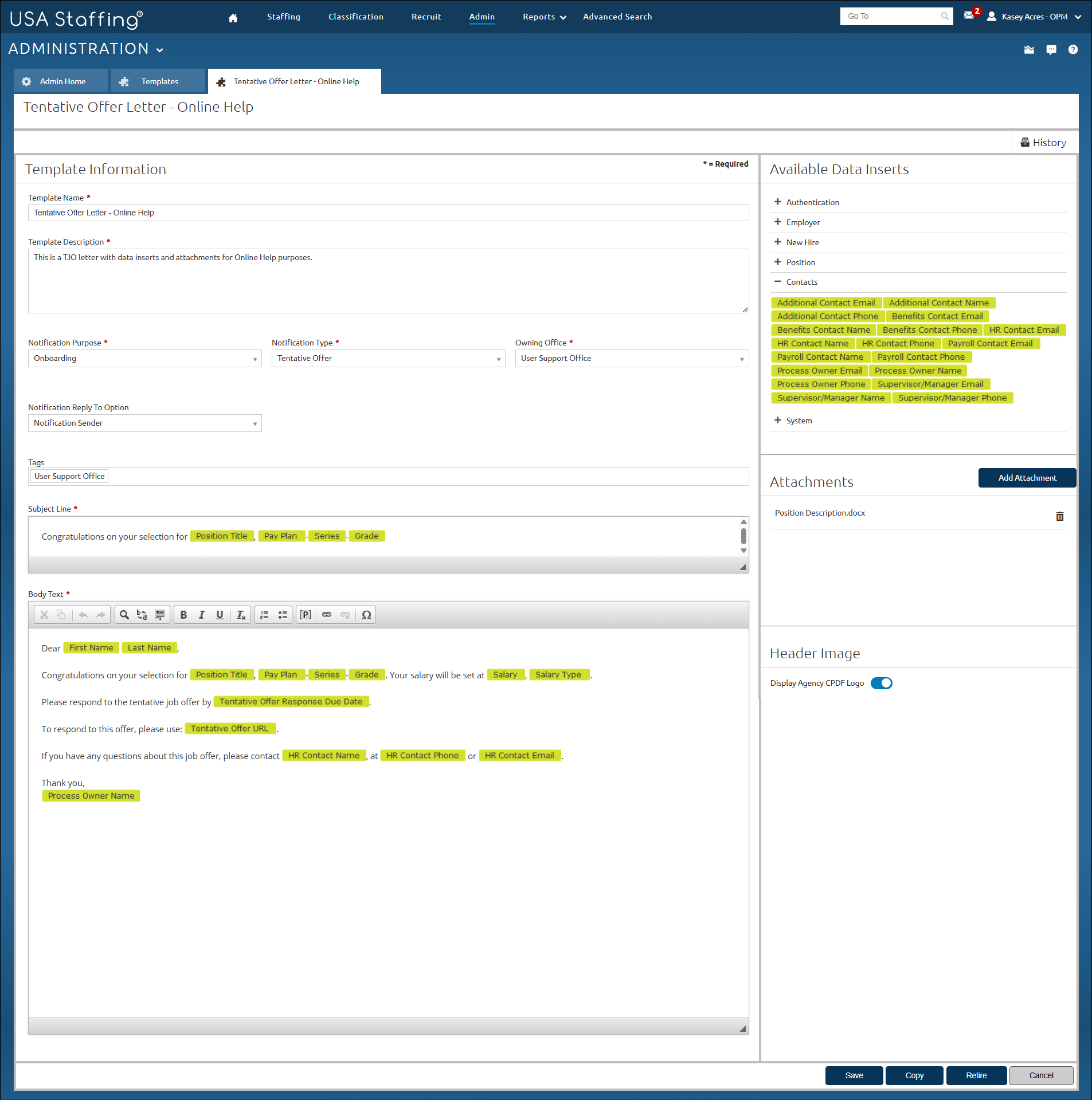 Onboarding Notification Template with attachment showing the delete button