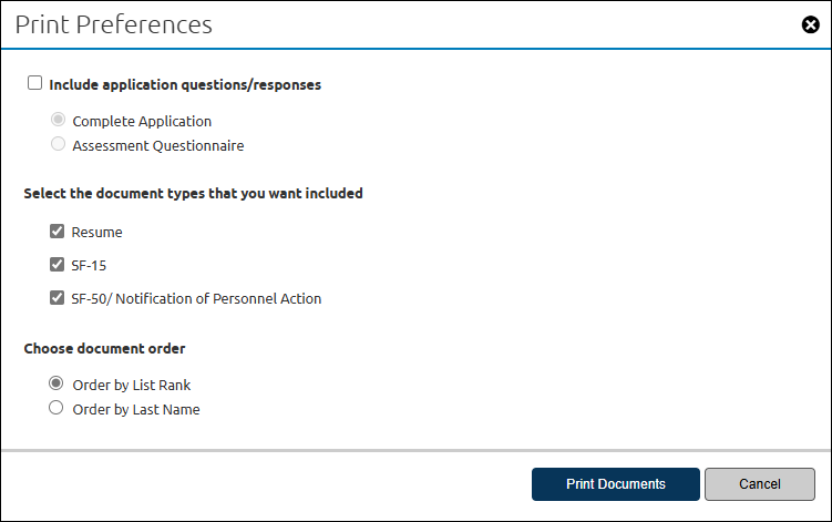 Batch printing documents from saved list popup