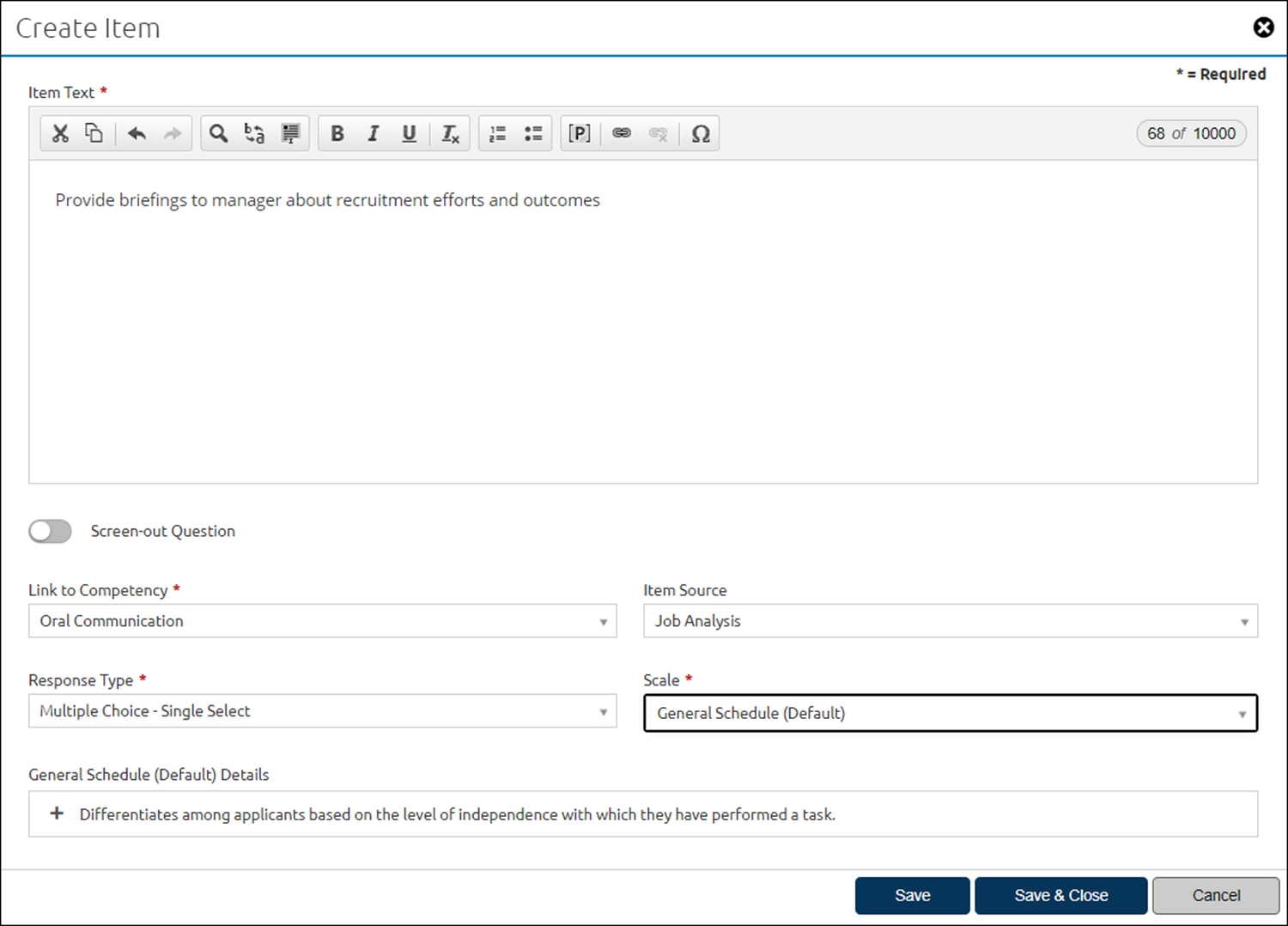 Create Item pop-up