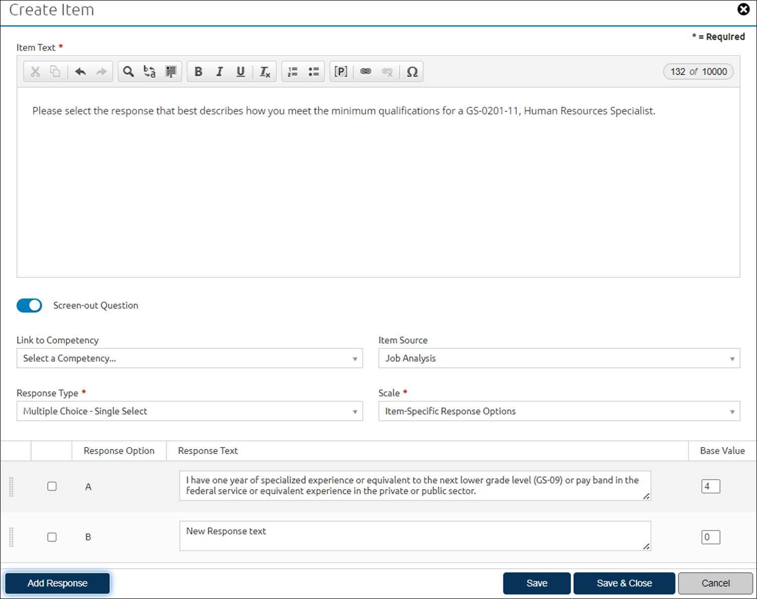Create Item with custom responses