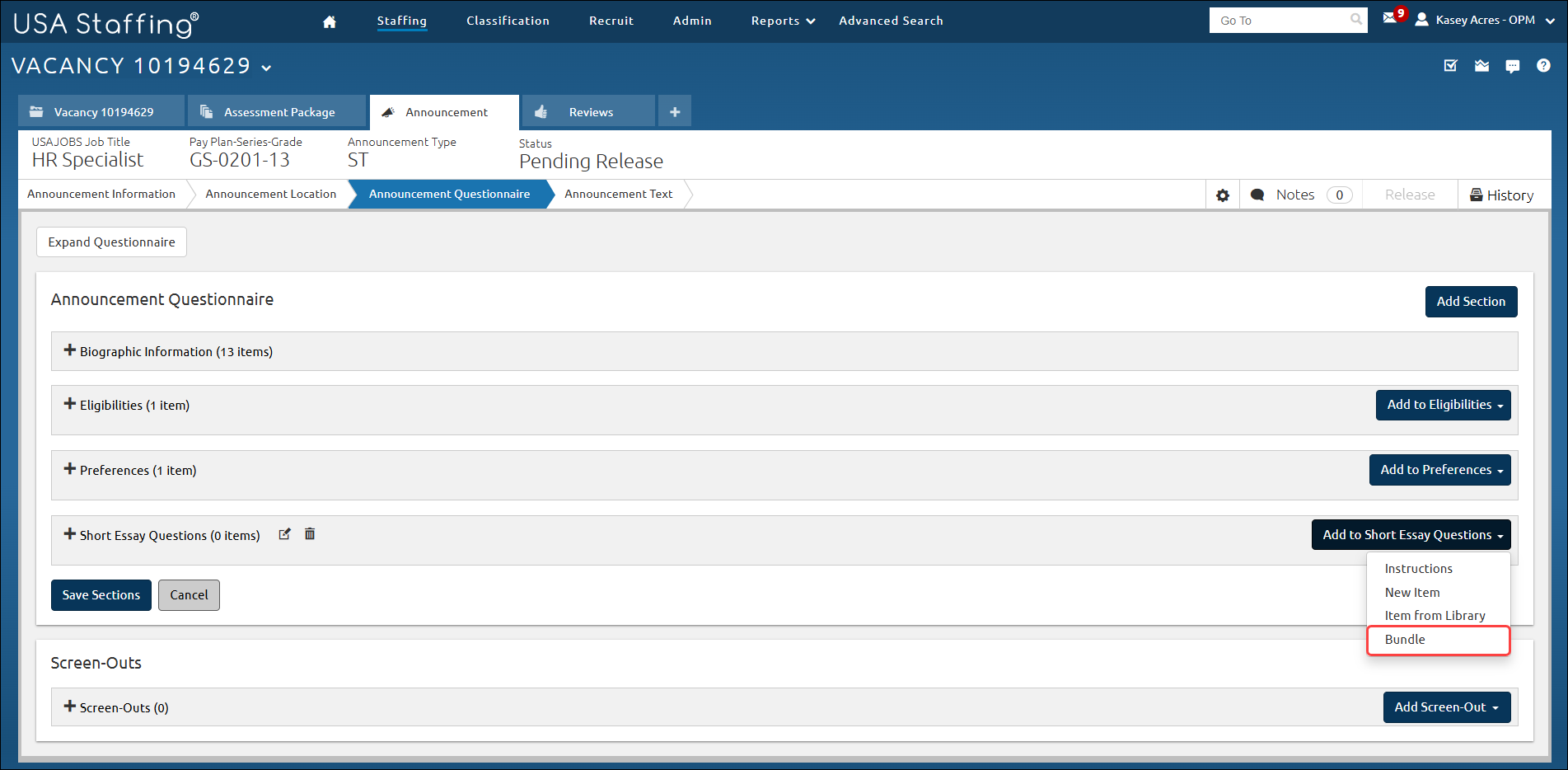 Adding to newly added section with Bundle highlighted