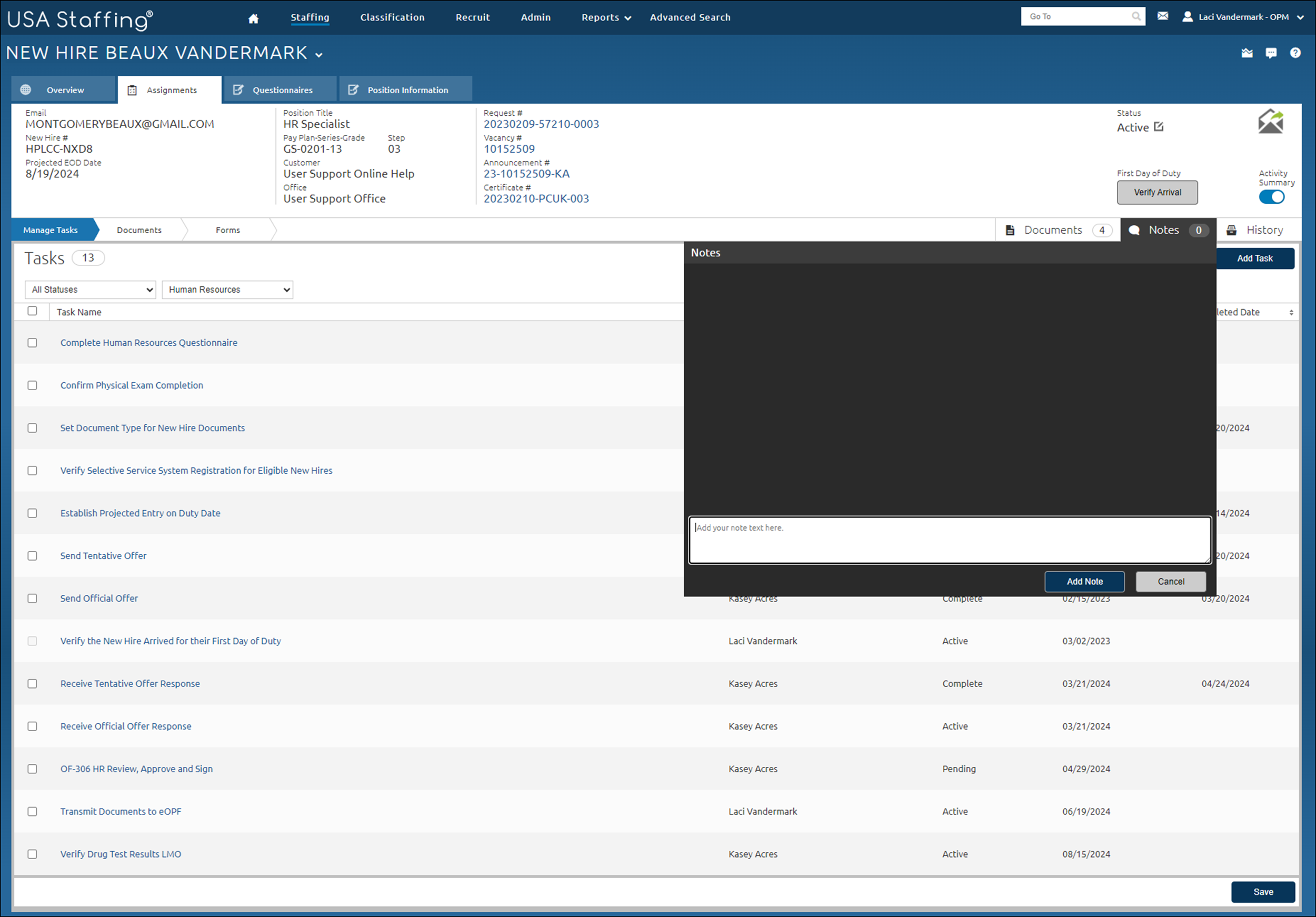Add New Hire note