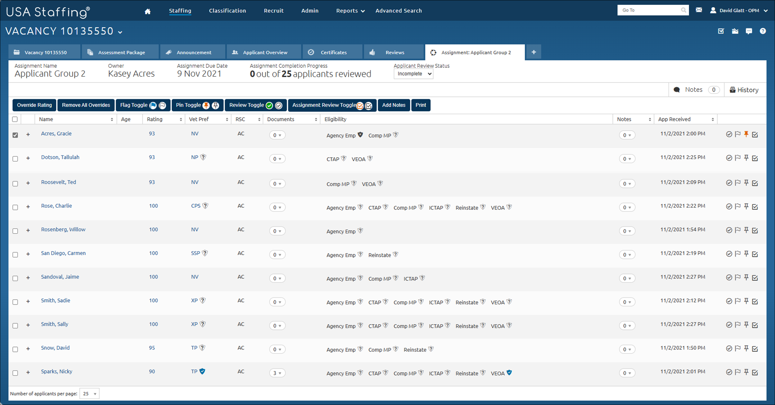 Core - Adding toggles to multiple applicants on an assignment