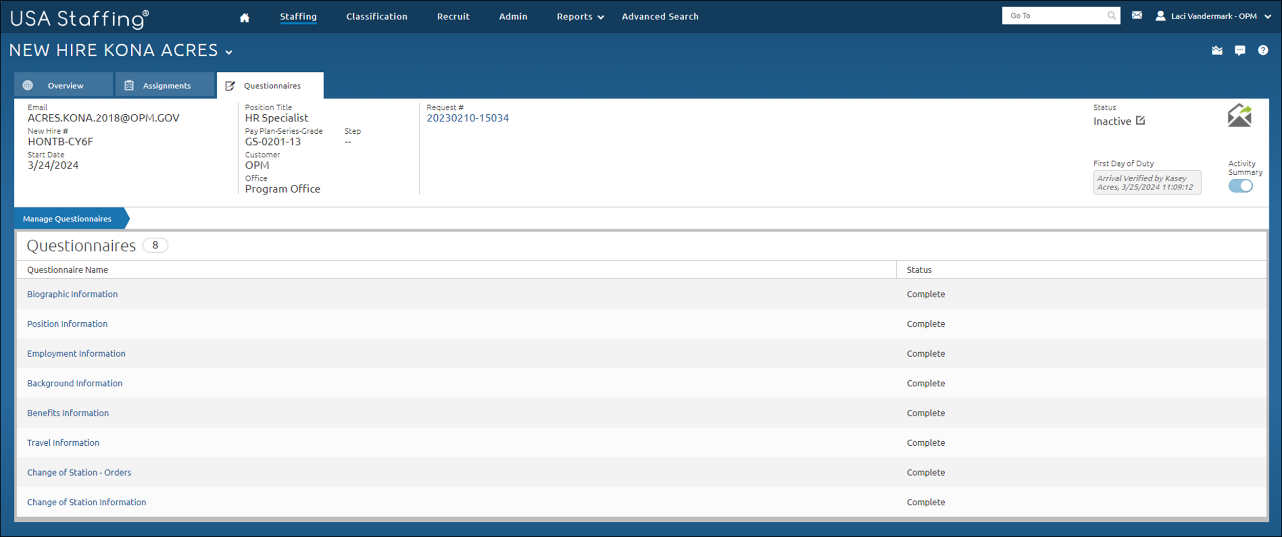New Hire Questionnaires tab