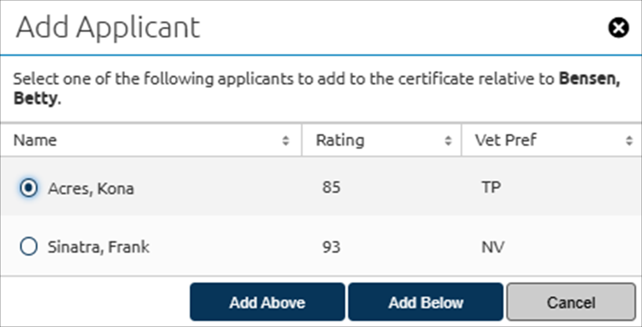 Add applicant pop-up box