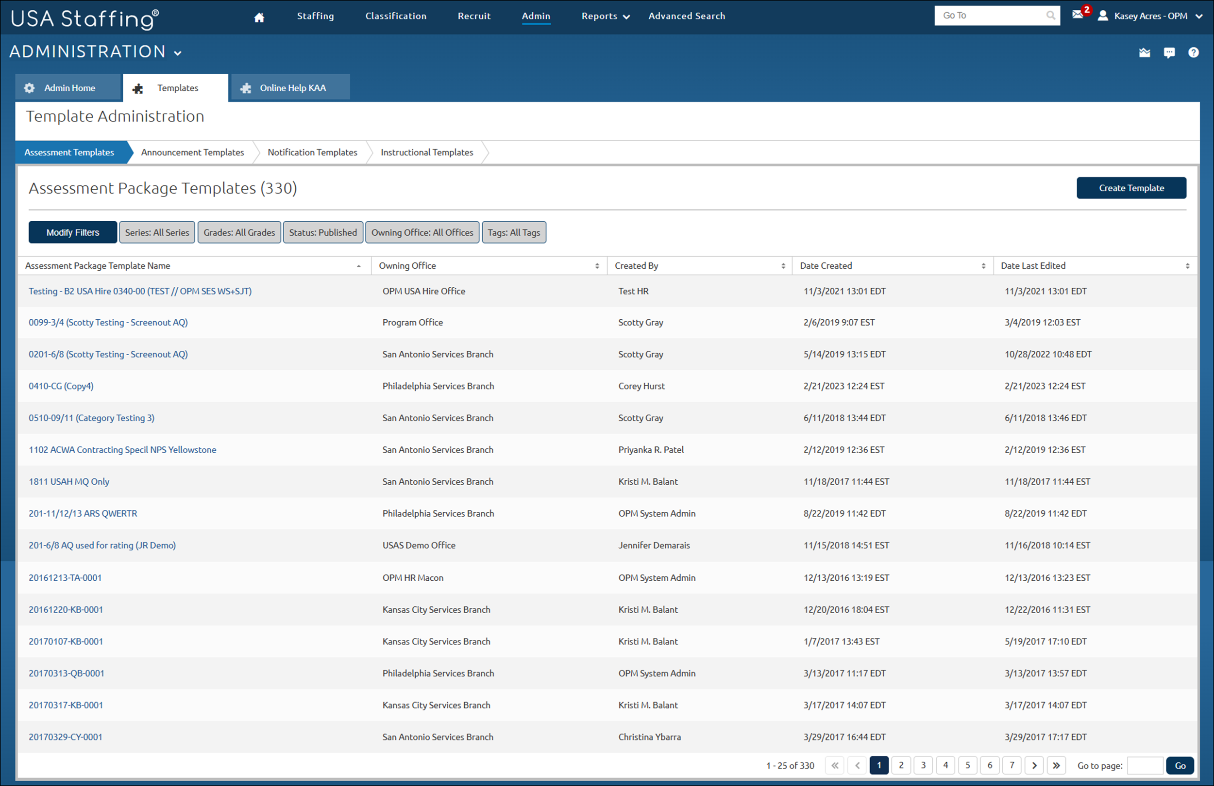 Assessment Package Templates main page in the Admin area